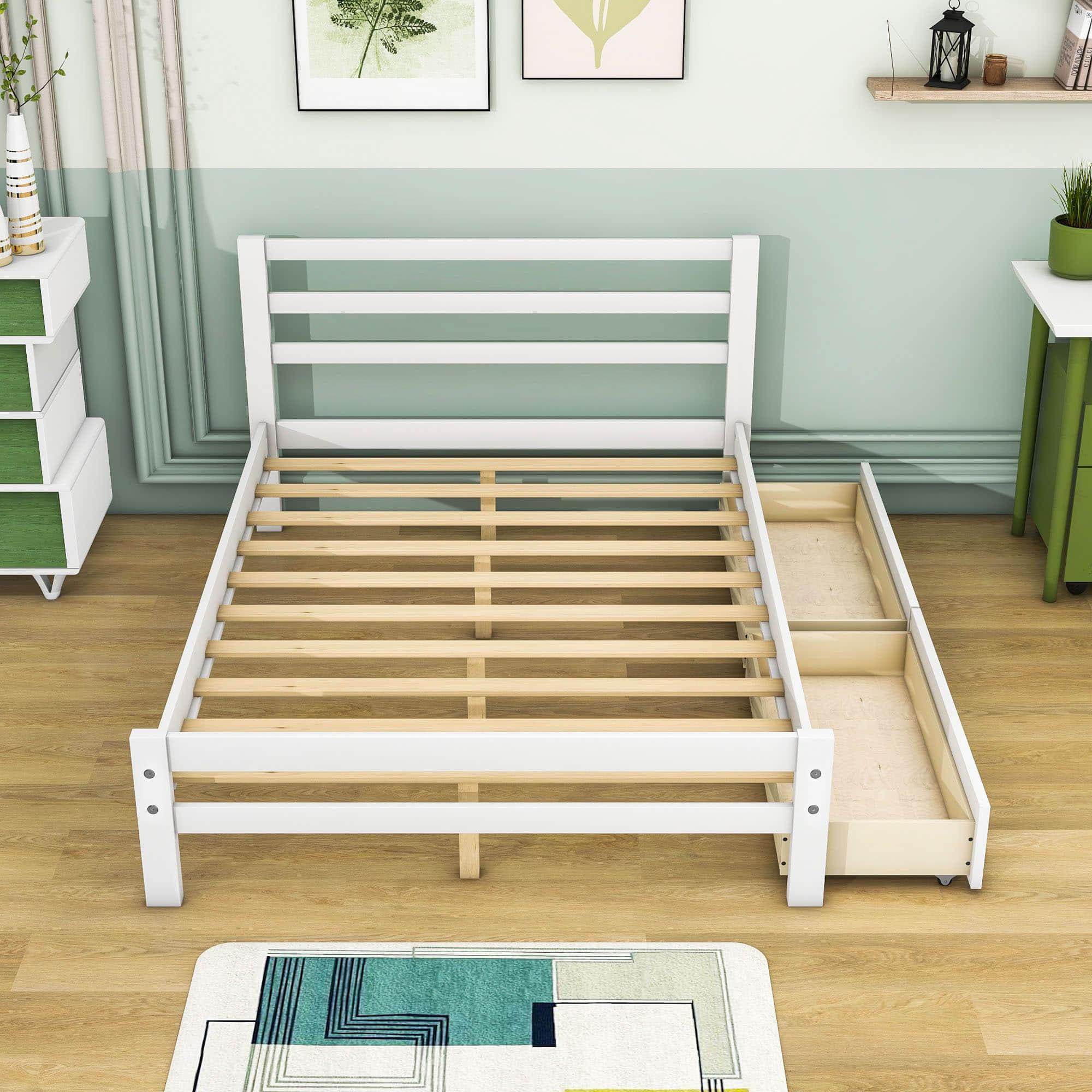 Full Size Wooden Platform Bed with Storage Drawers and Headboard