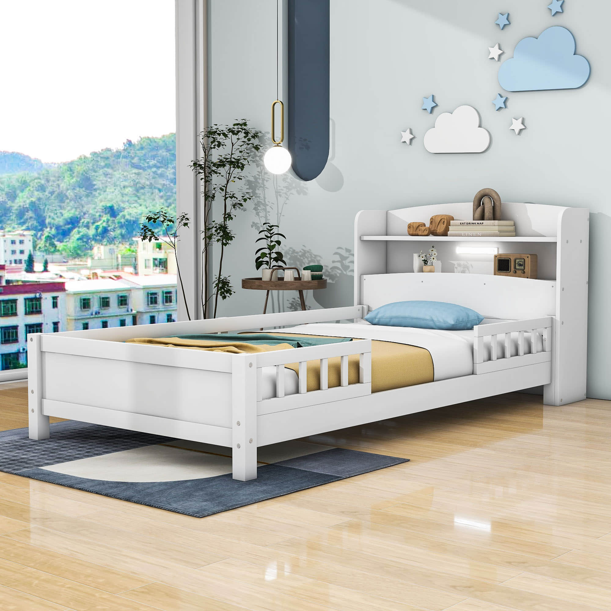 Low Twin Kids Platform Bed Frame with Rails and Storage Headboard