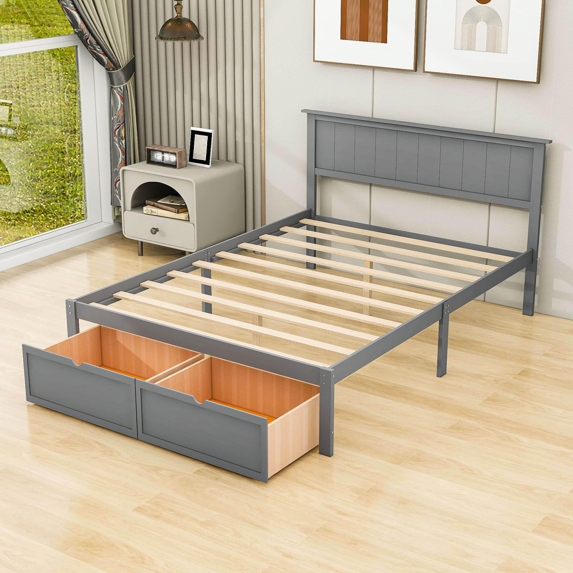 Full Size Platform Bed Frame with Under bed Storage - [Wooden, Drawers]