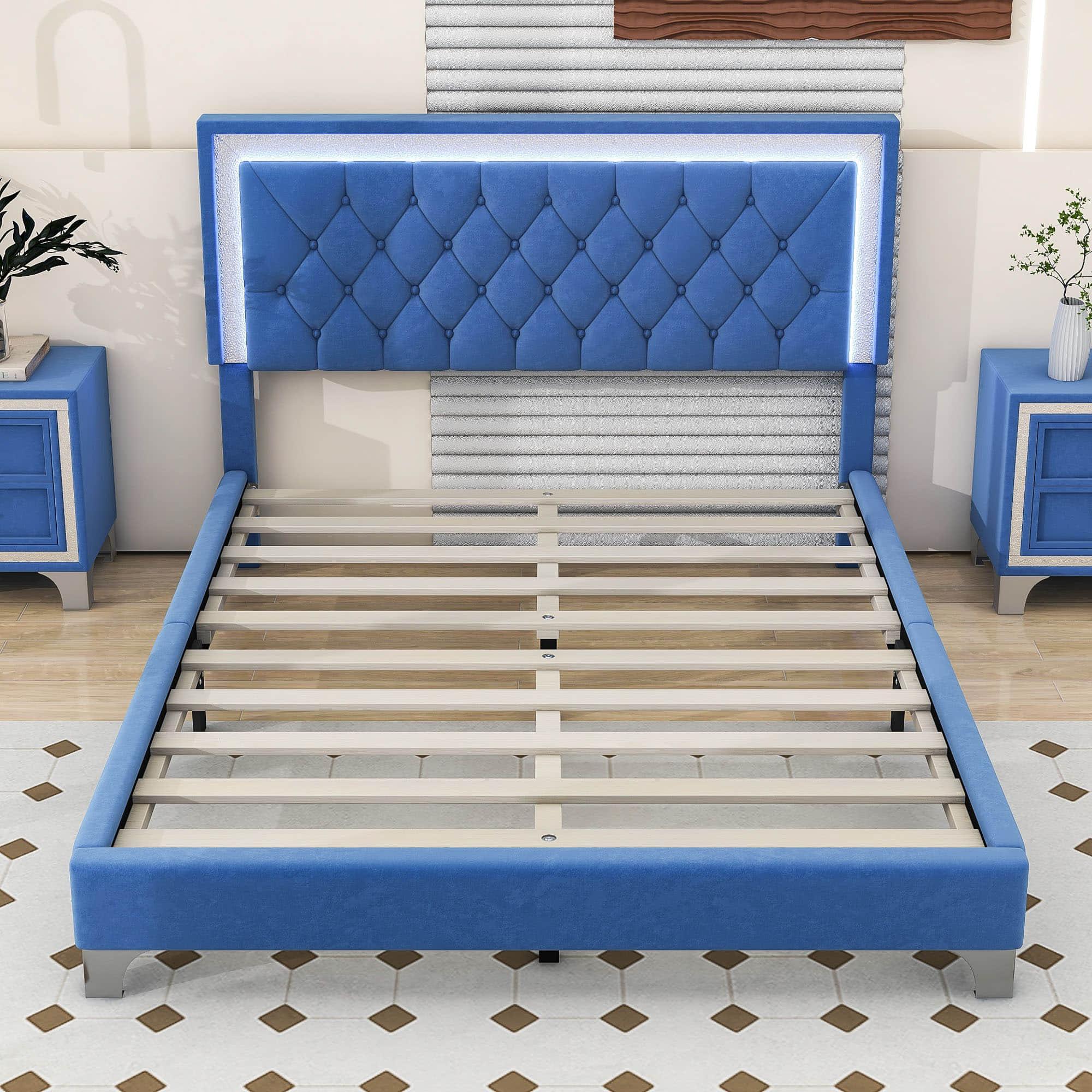 Modern Queen Size Upholstered Bed Frame with LED Lights and Headboard