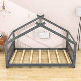 Wooden Full Size Low House Bed Frame for Toddler, Kids