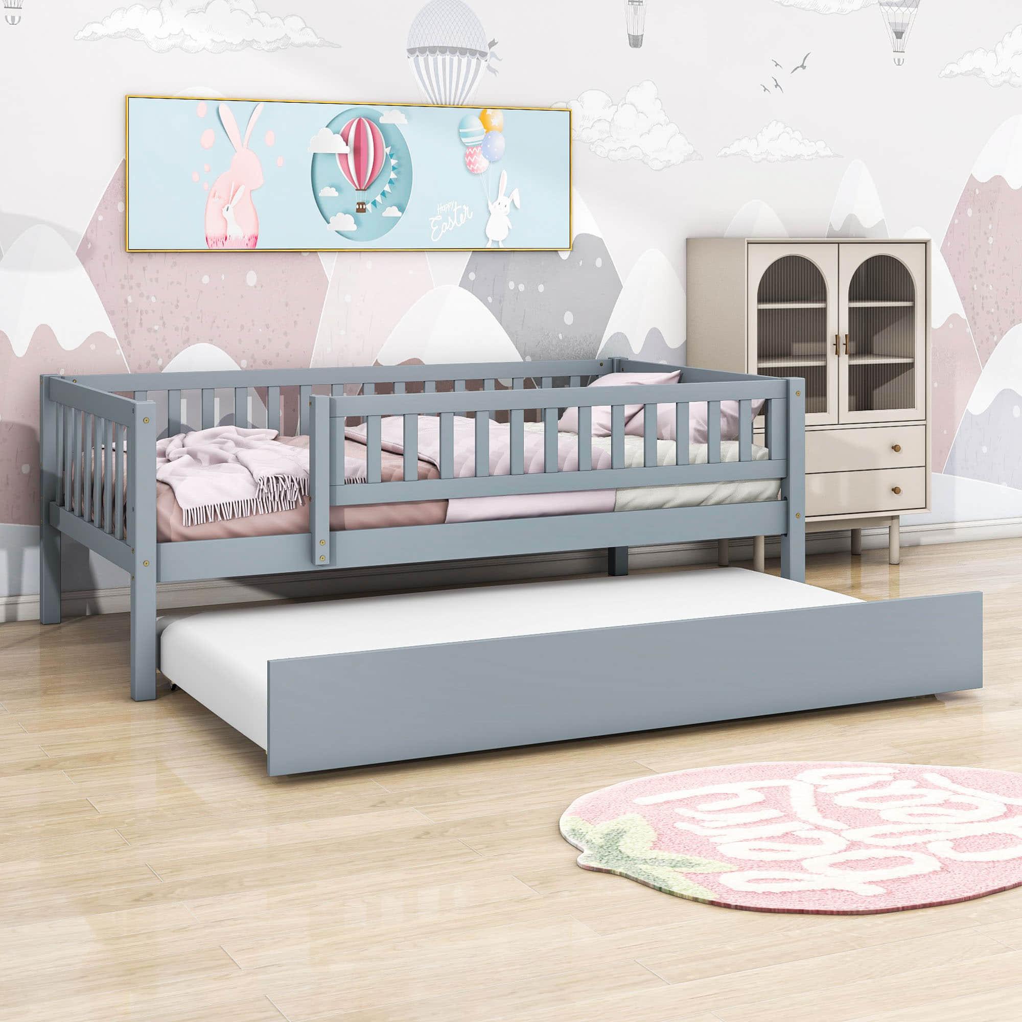 Wooden Twin Low Kids Bed with Twin Size Trundle and Rails