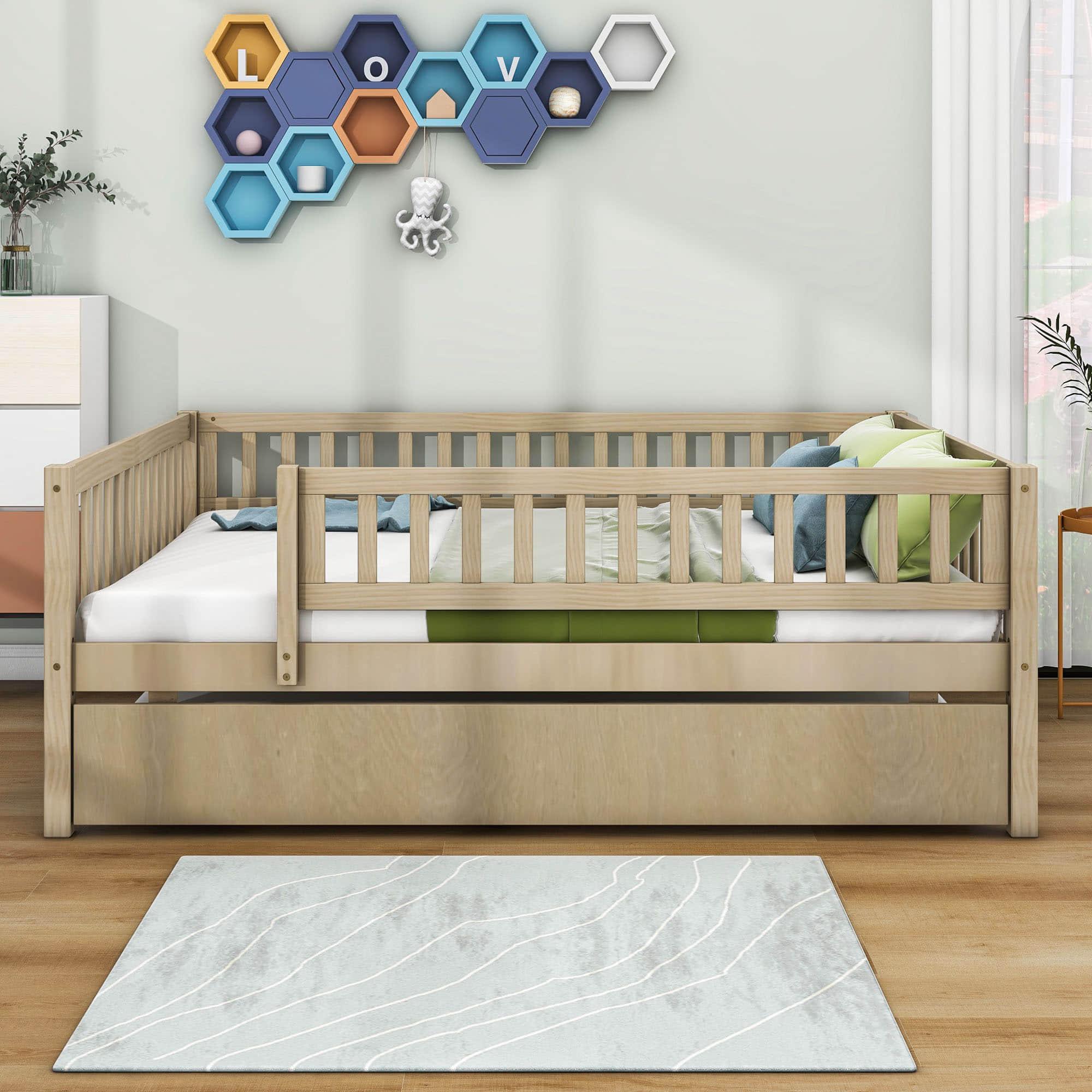 Wooden Full Size Low Kids Bed with Twin Size Trundle and Rails