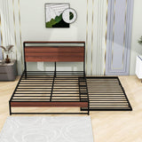 Metal Queen Size Smart Platform Bed with Twin Trundle Bed and Shelf Headboard