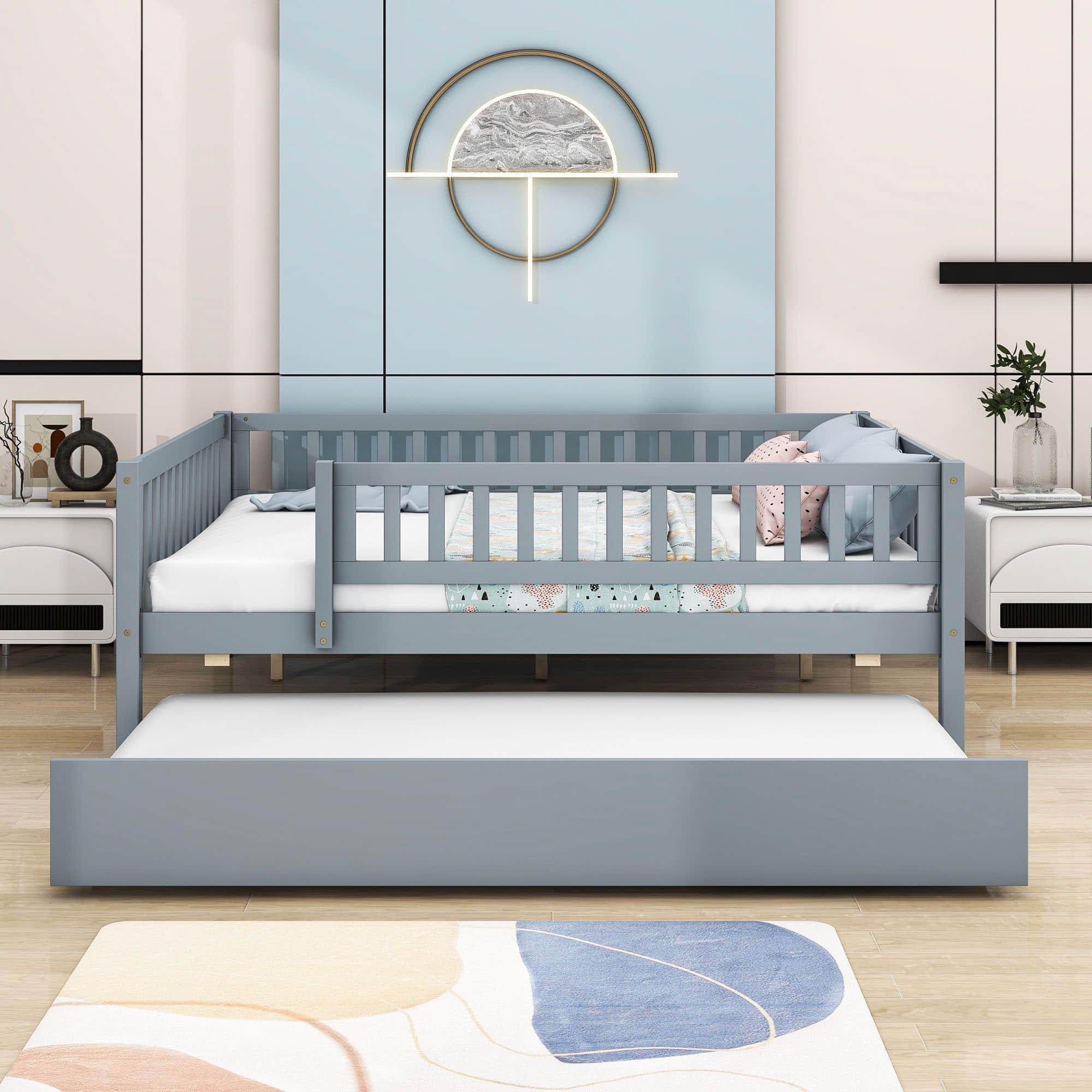 Wooden Full Size Low Kids Bed with Twin Size Trundle and Rails