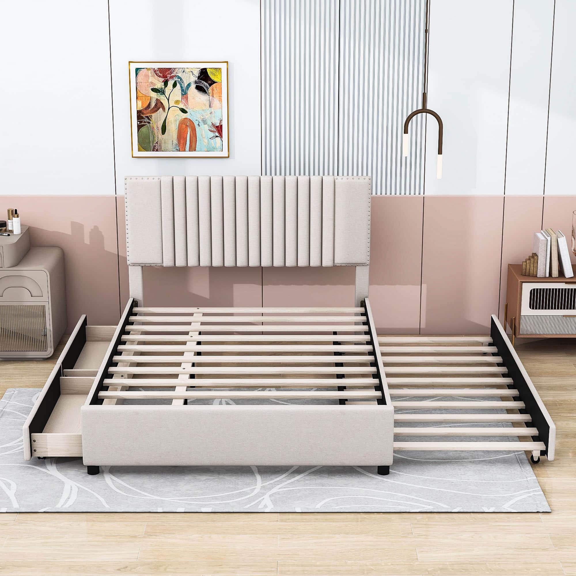 Upholstered Full Size Platform Bed Frame with Storage and Twin Trundle - [Drawers, Headboard]