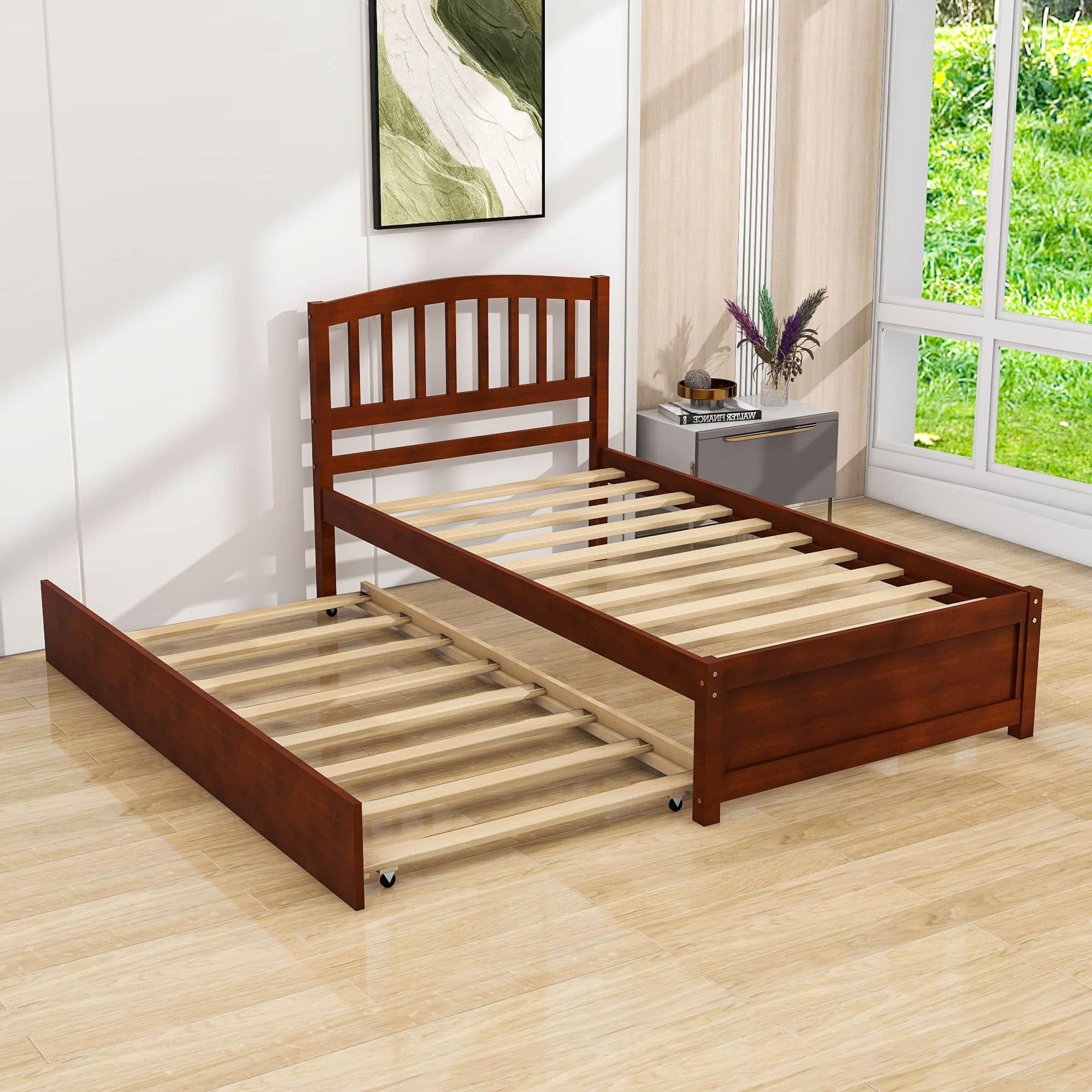 Wooden Twin Platform Bed with Trundle and Headboard