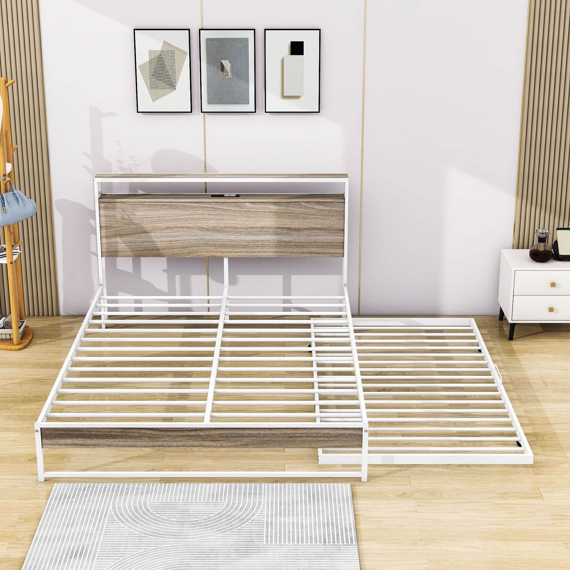 Metal Queen Size Smart Platform Bed with Twin Trundle Bed and Shelf Headboard