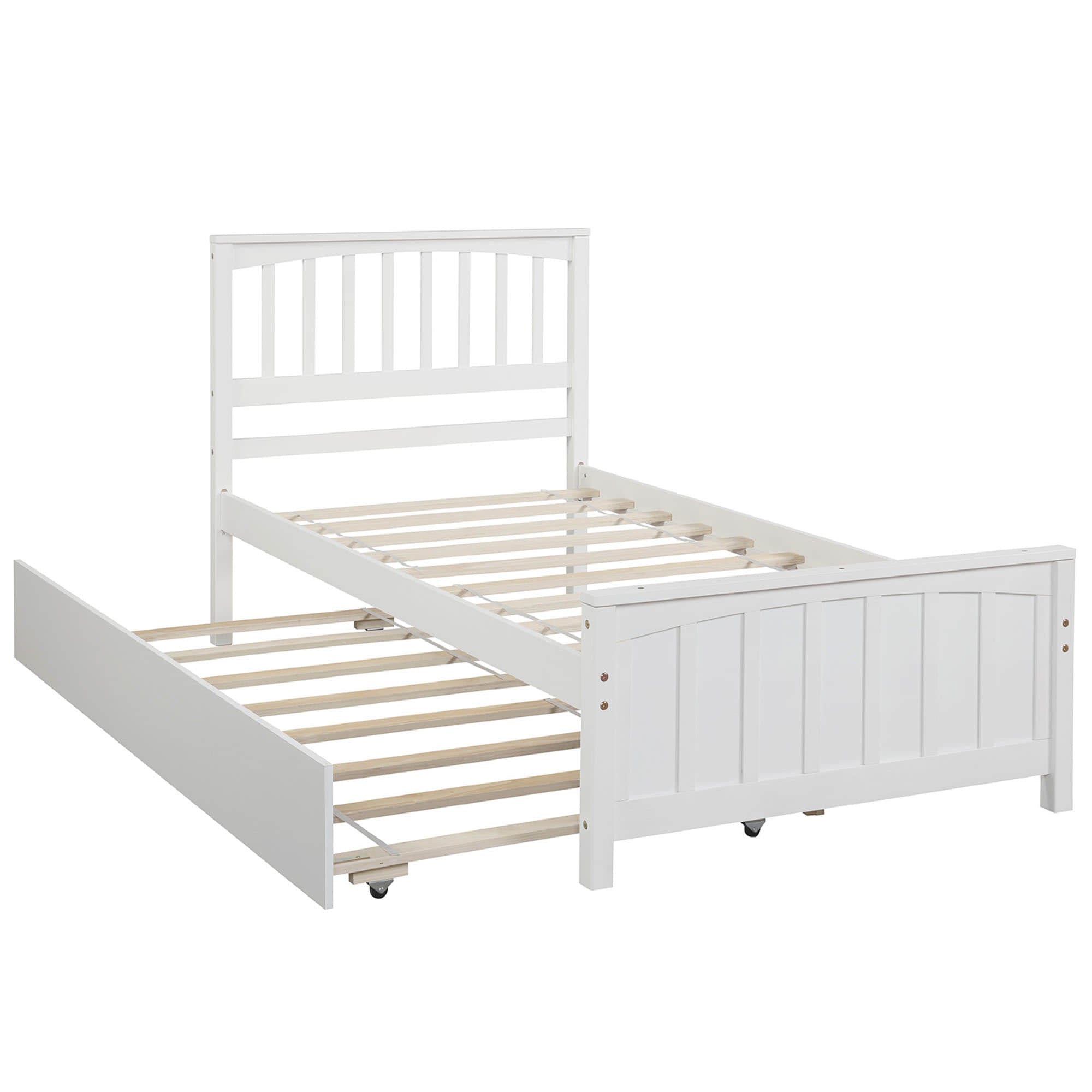 Twin Size Wood Platform Bed with Twin Trundle and Headboard