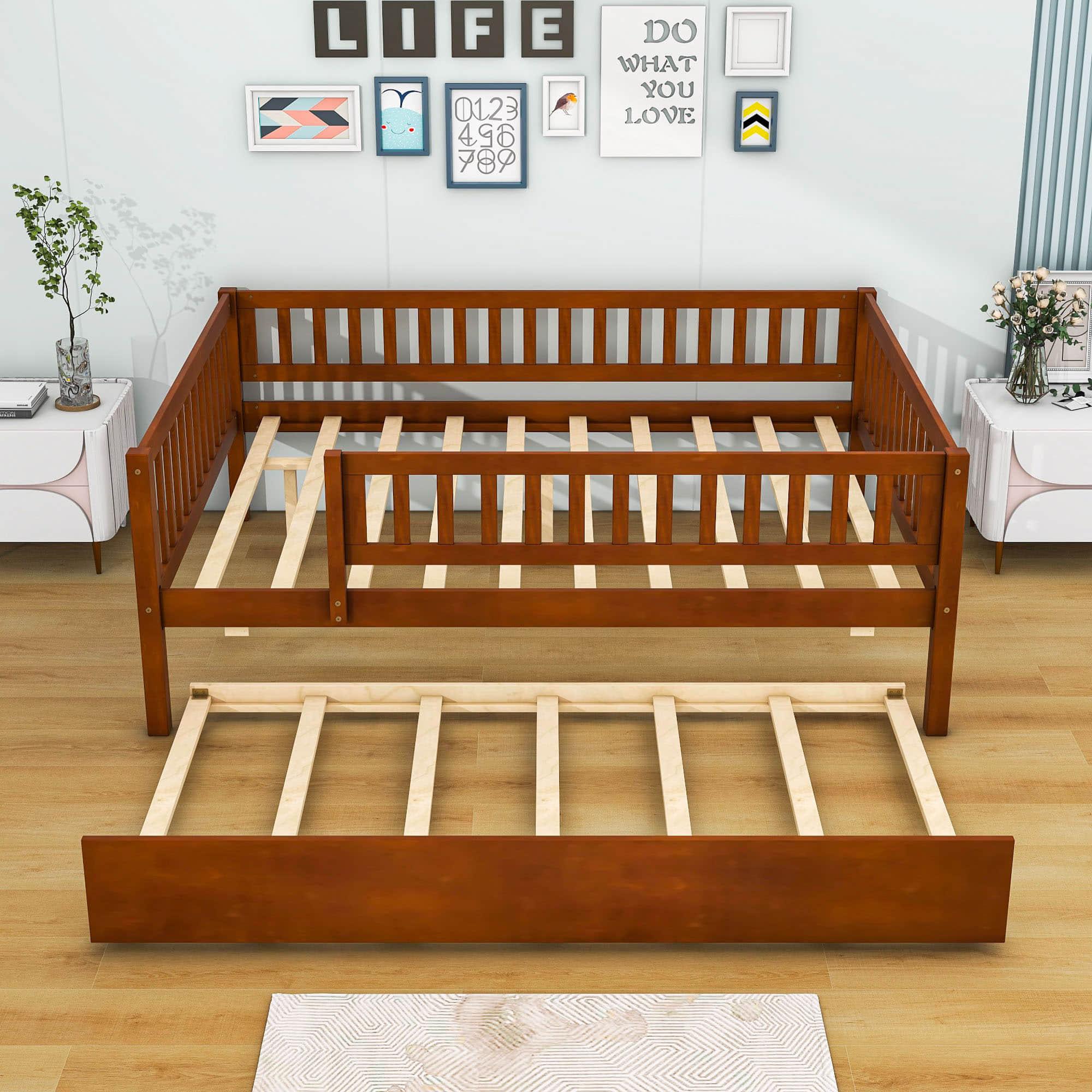 Wooden Full Size Low Kids Bed with Twin Size Trundle and Rails