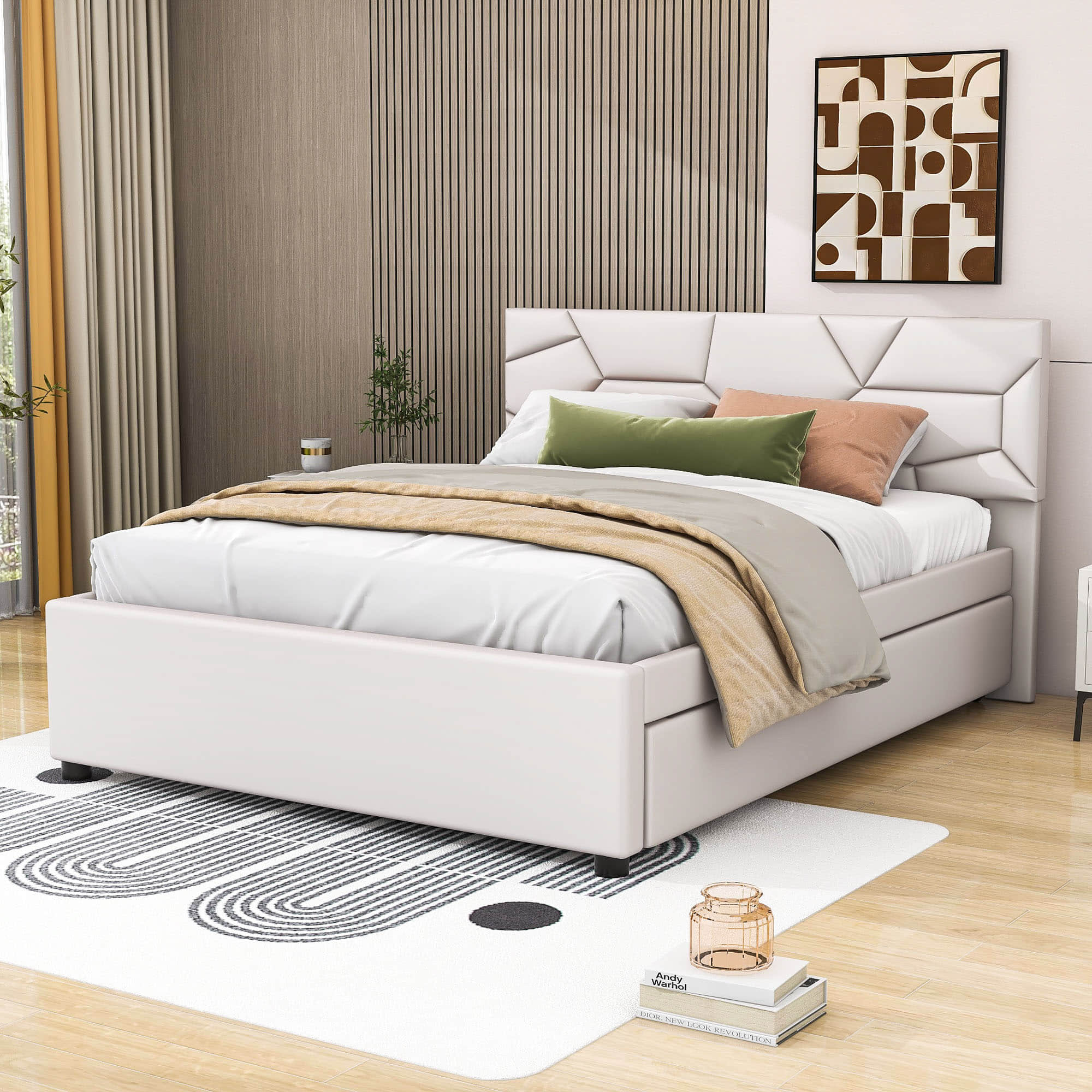 Queen Platform Upholstered Bed Frame with Headboard, Twin XL Trundle Bed