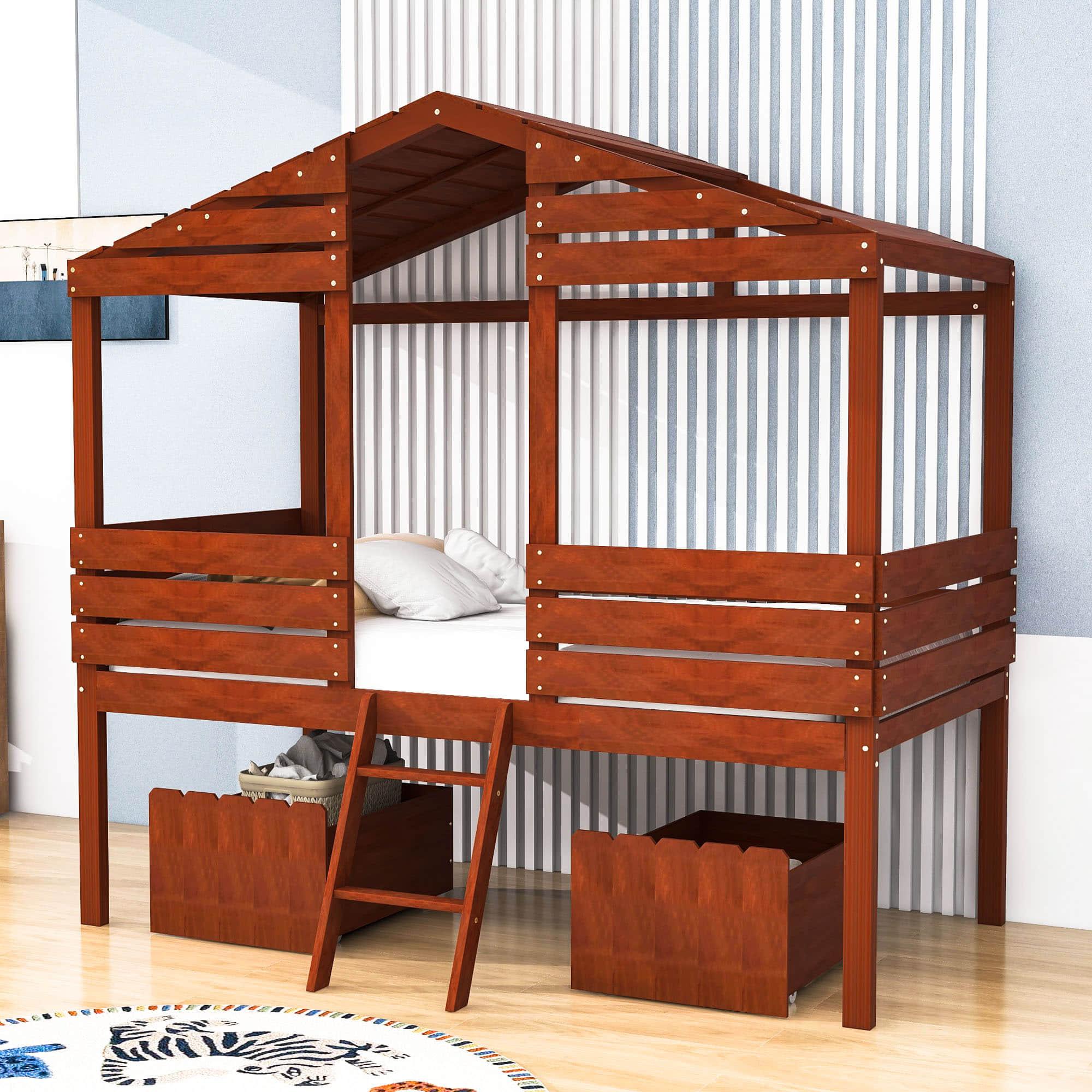 Twin Low Loft FarmHouse Bed with Storage Drawers for Kids - [Wood]