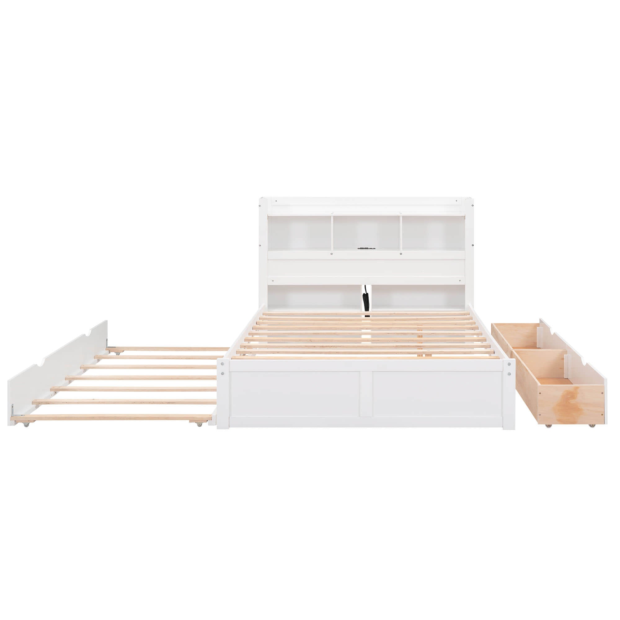 Full Platform Bed Frame with Twin Trundle Bed and Storage Headboard