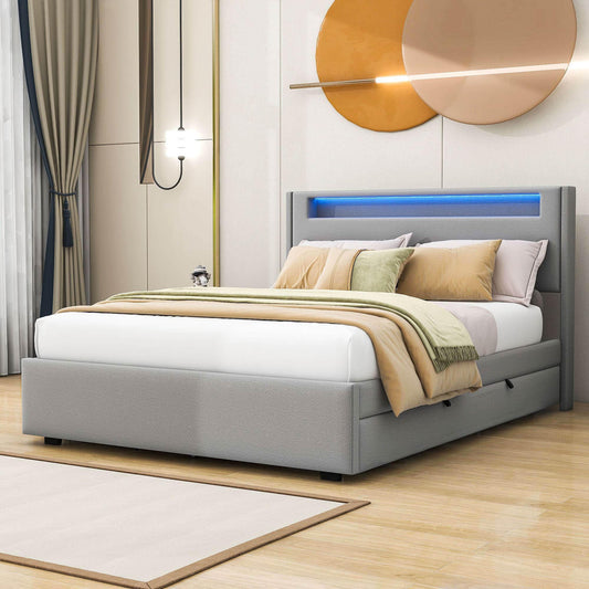 Modern Queen Upholstered Platform Bed with LED Frame and Twin XL Trundle