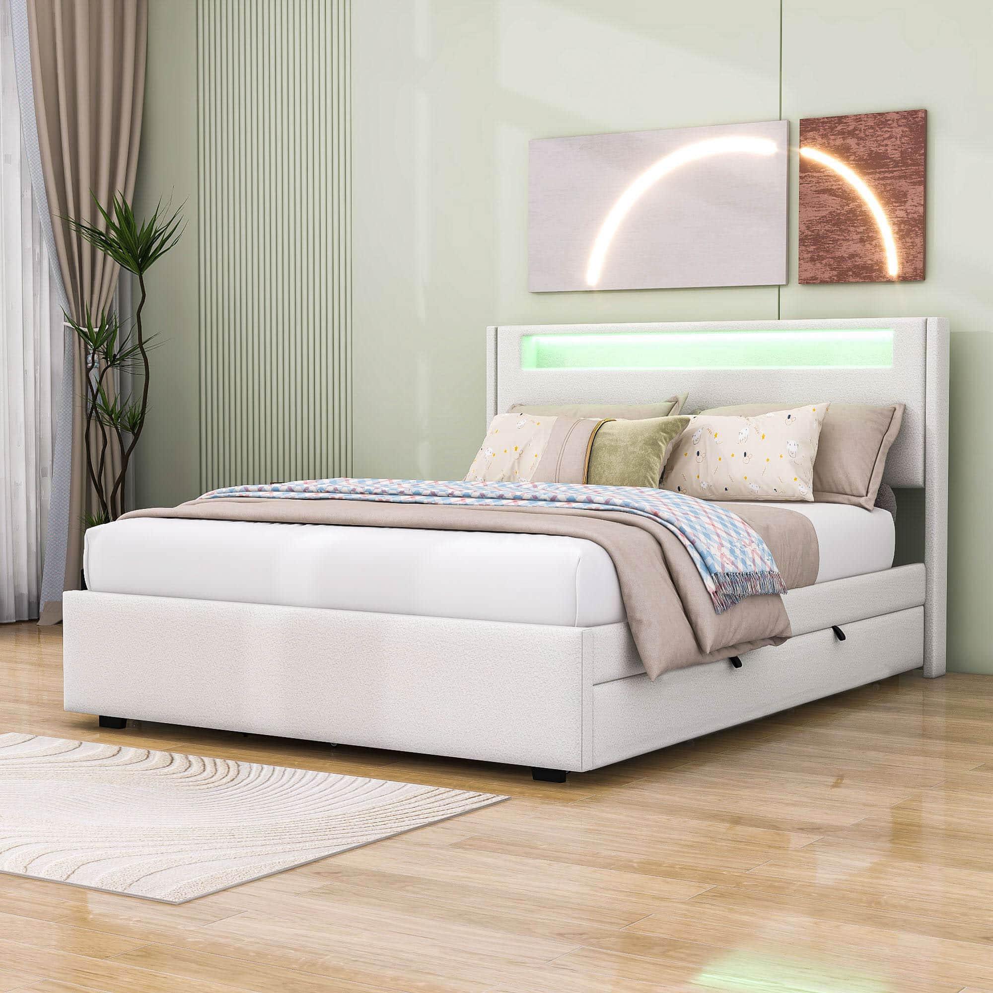 Modern Queen Upholstered Platform Bed with LED Frame and Twin XL Trundle