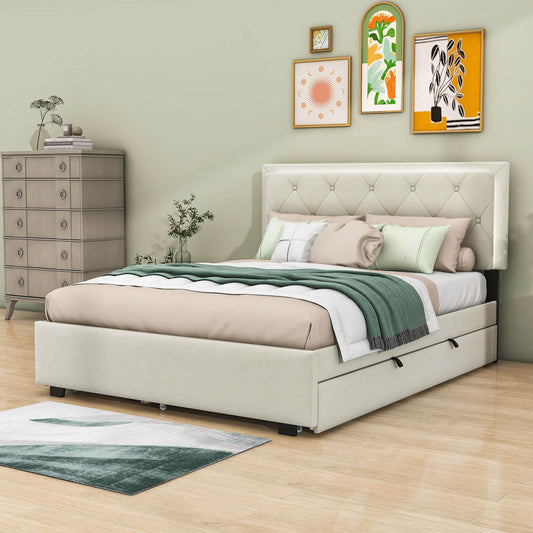 Queen Velvet Upholstered Platform Bed Frame with Twin XL Trundle and Storage