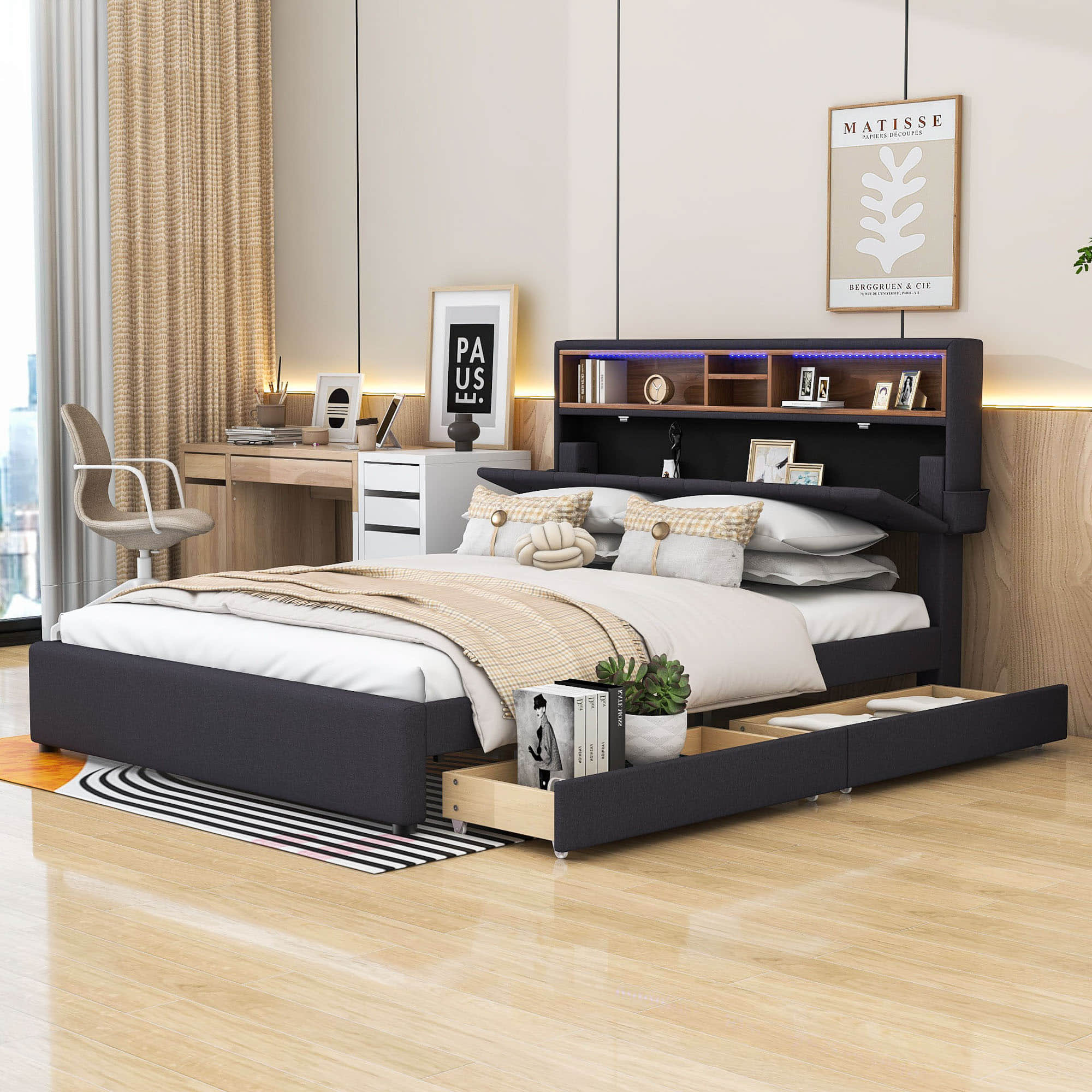 Modern Smart Queen Upholstered Bed Frame with Storage Headboard, LED Lights