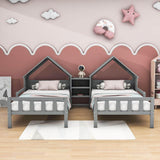 Double Twin Size Kids Platform Bed Frame with House-Shaped Headboard