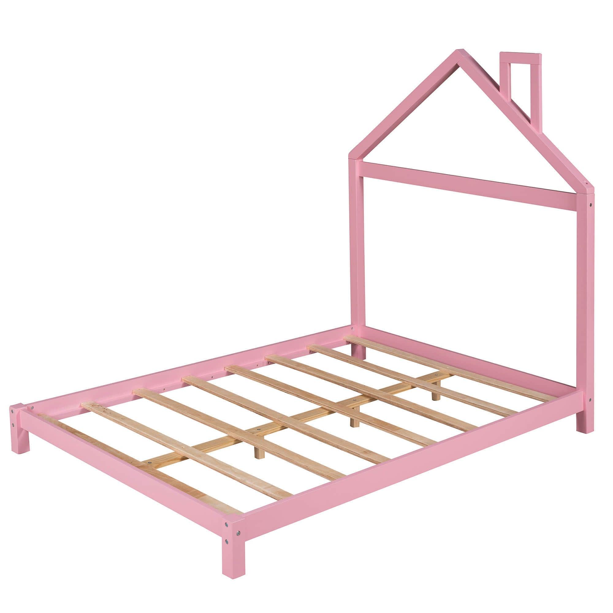 Low Full Size Wooden Toddler Bed with House-Shaped Headboard