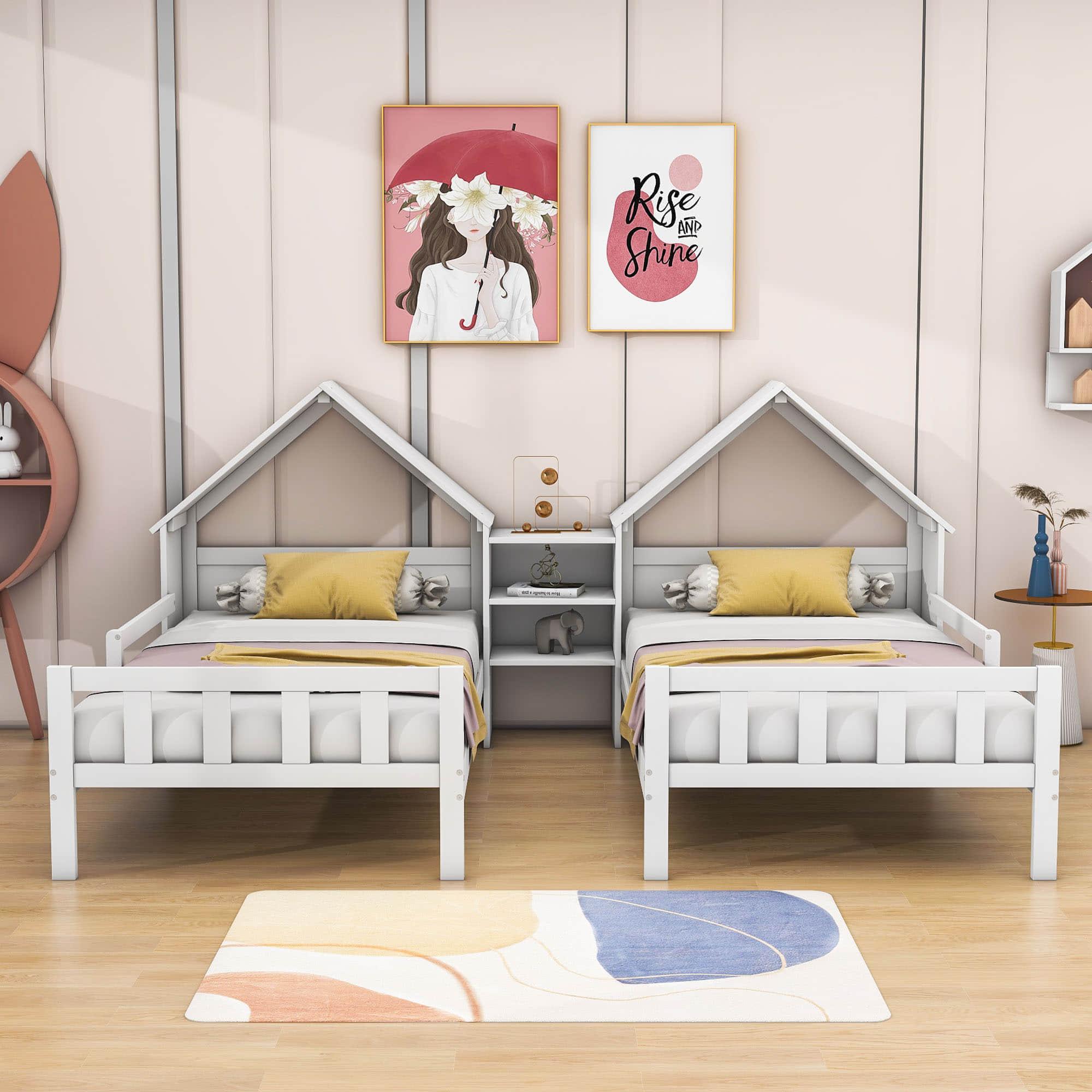 Double Twin Size Kids Platform Bed Frame with House-Shaped Headboard