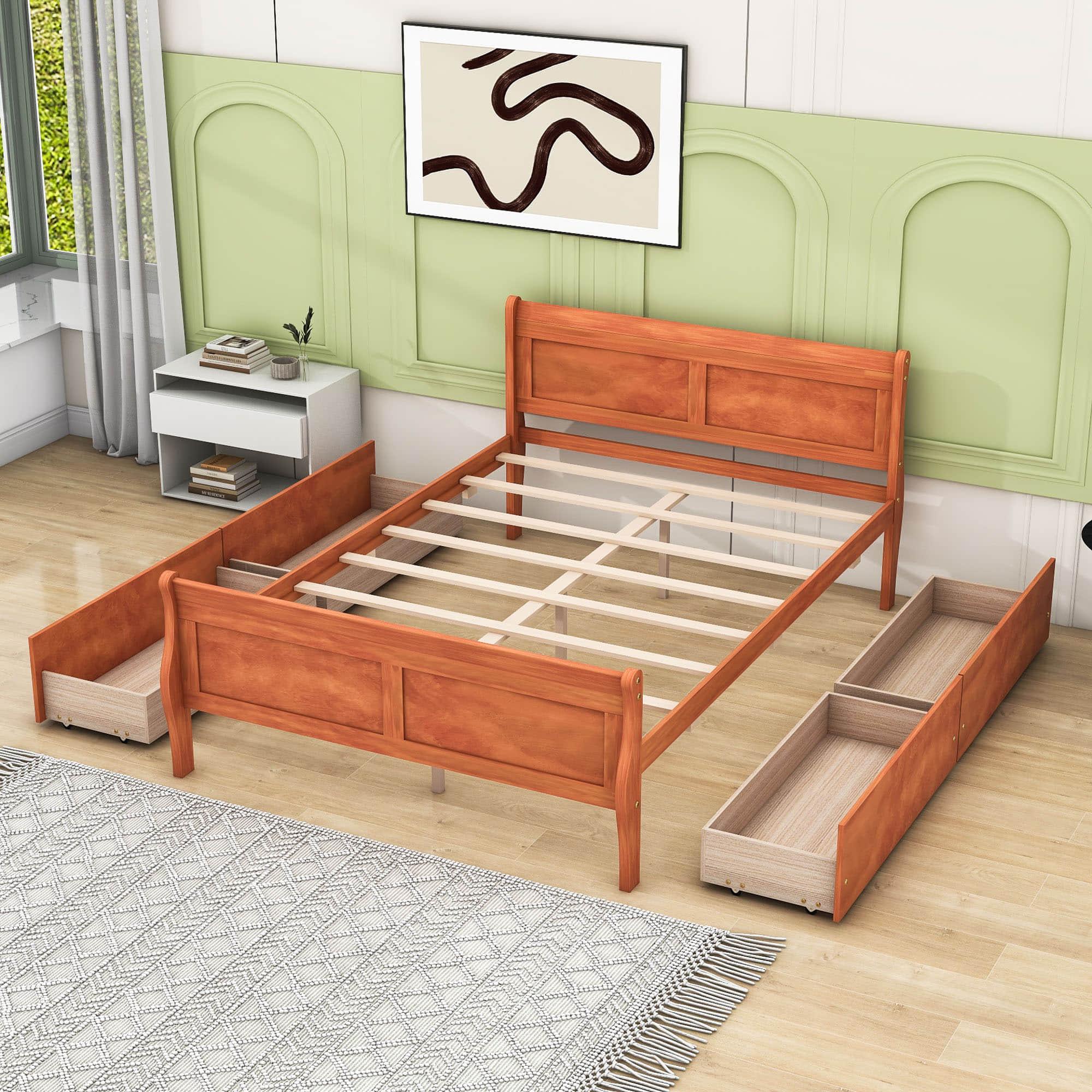 Wood Full Size Sleigh Bed Frame with Headboard and Storage Drawers