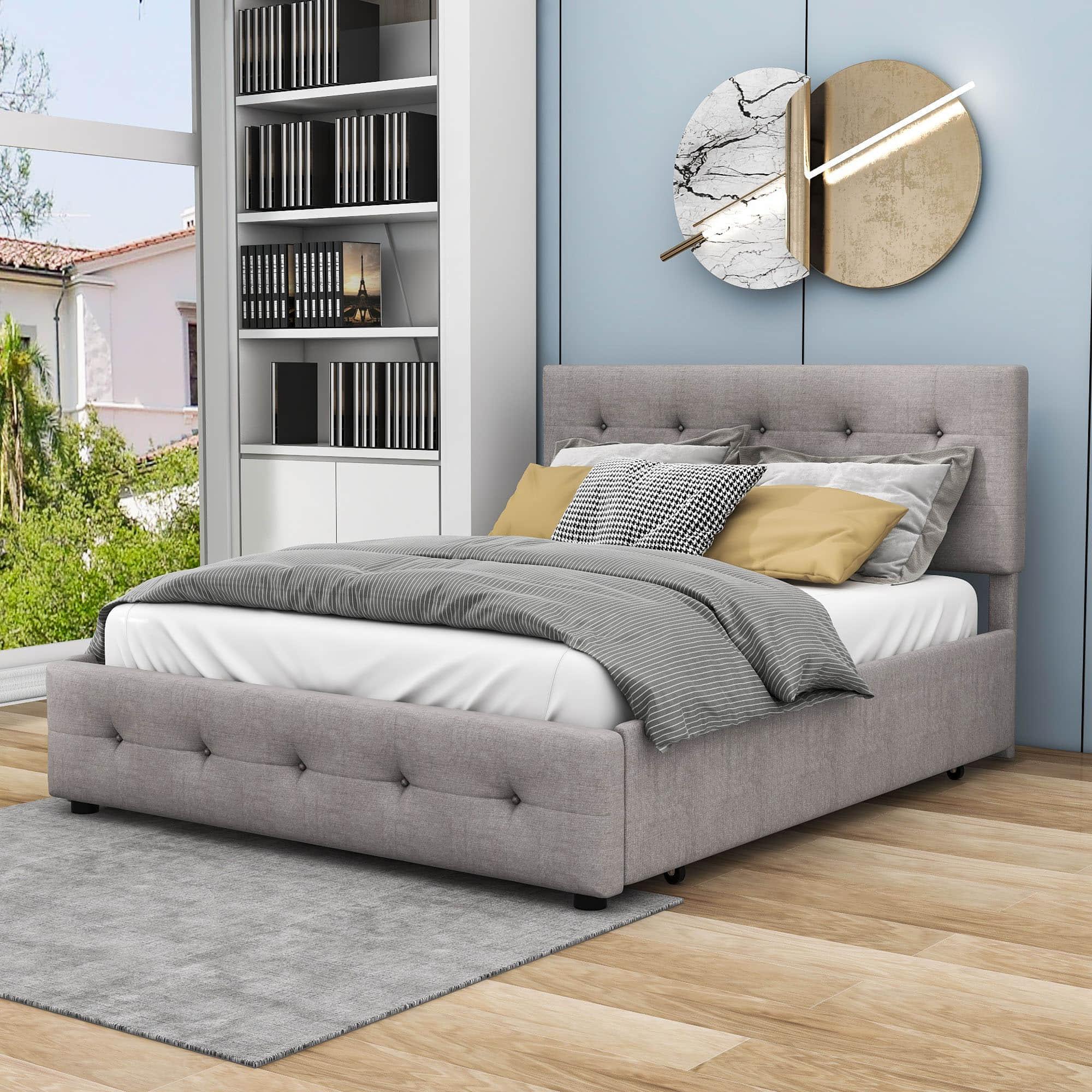 Upholstered Queen Size Platform Bed with Storage and Twin XL Trundle - [Headboard]