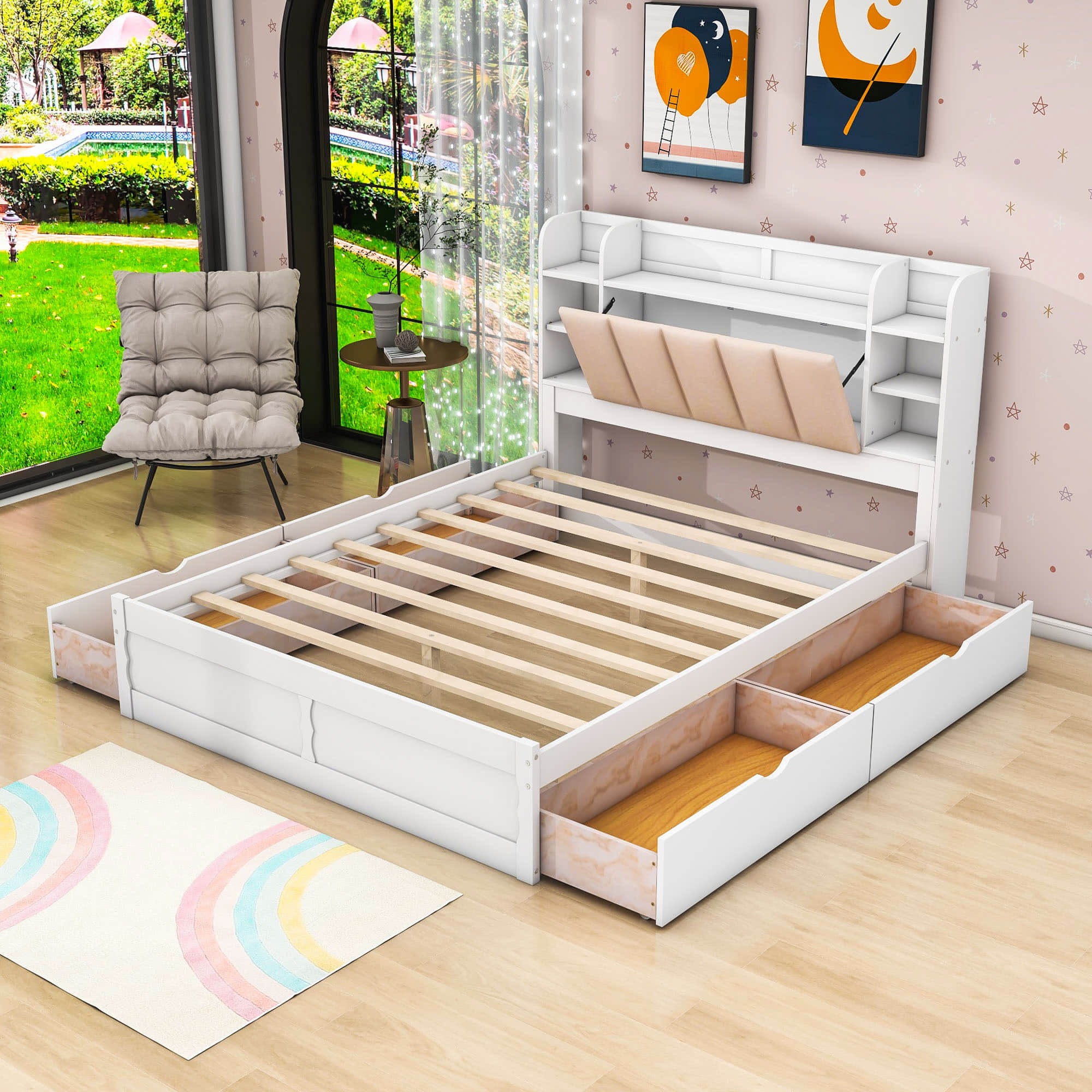 Wood Queen Platform Bed Frame with Storage Headboard and Drawers