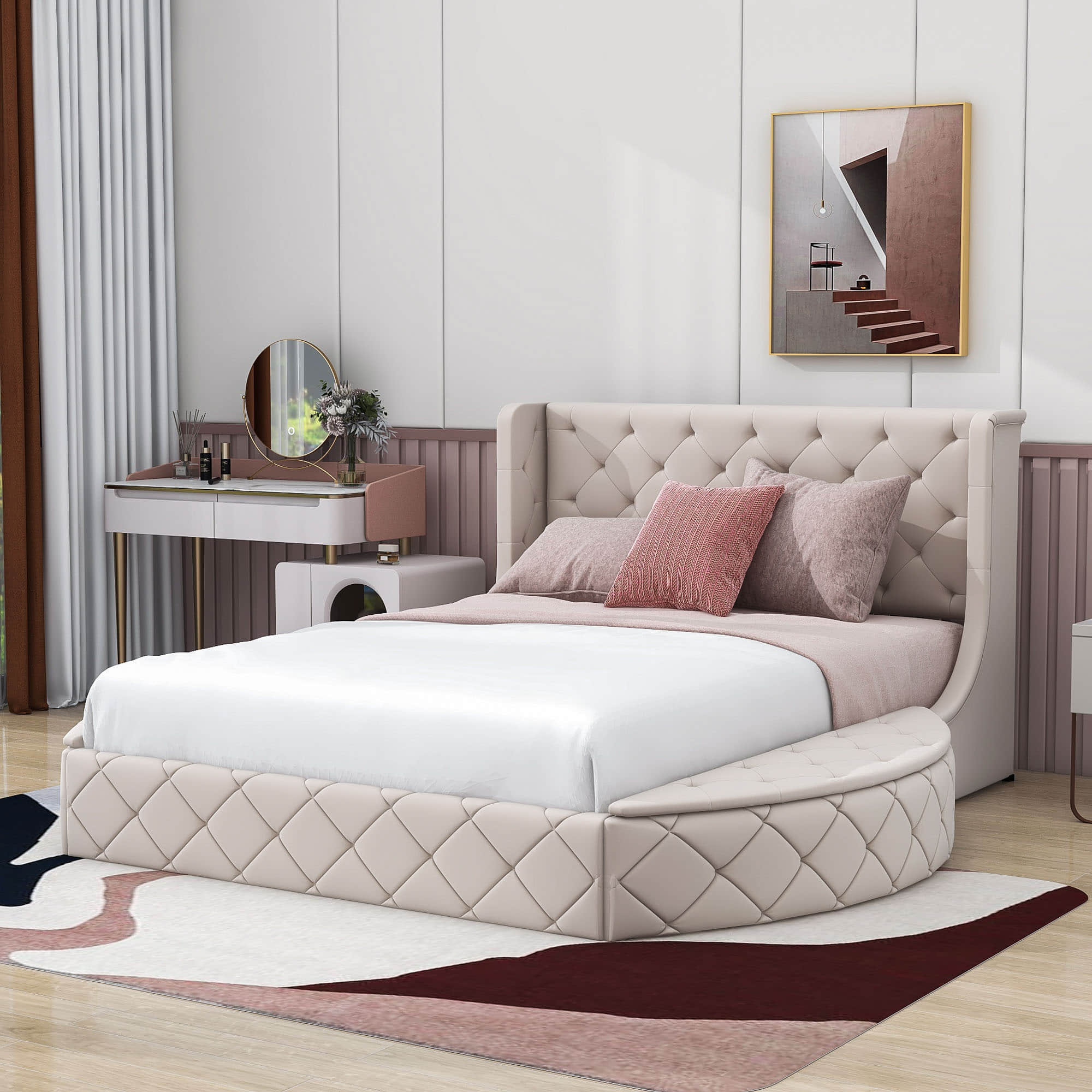 Upholstered Queen Platform Bed Frame with Wingback Headboard and Storage