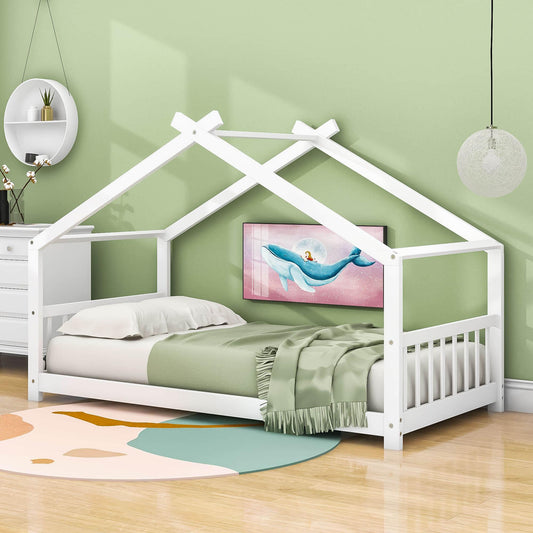 Wooden Twin Low House Bed Frame for Toddler, Kids