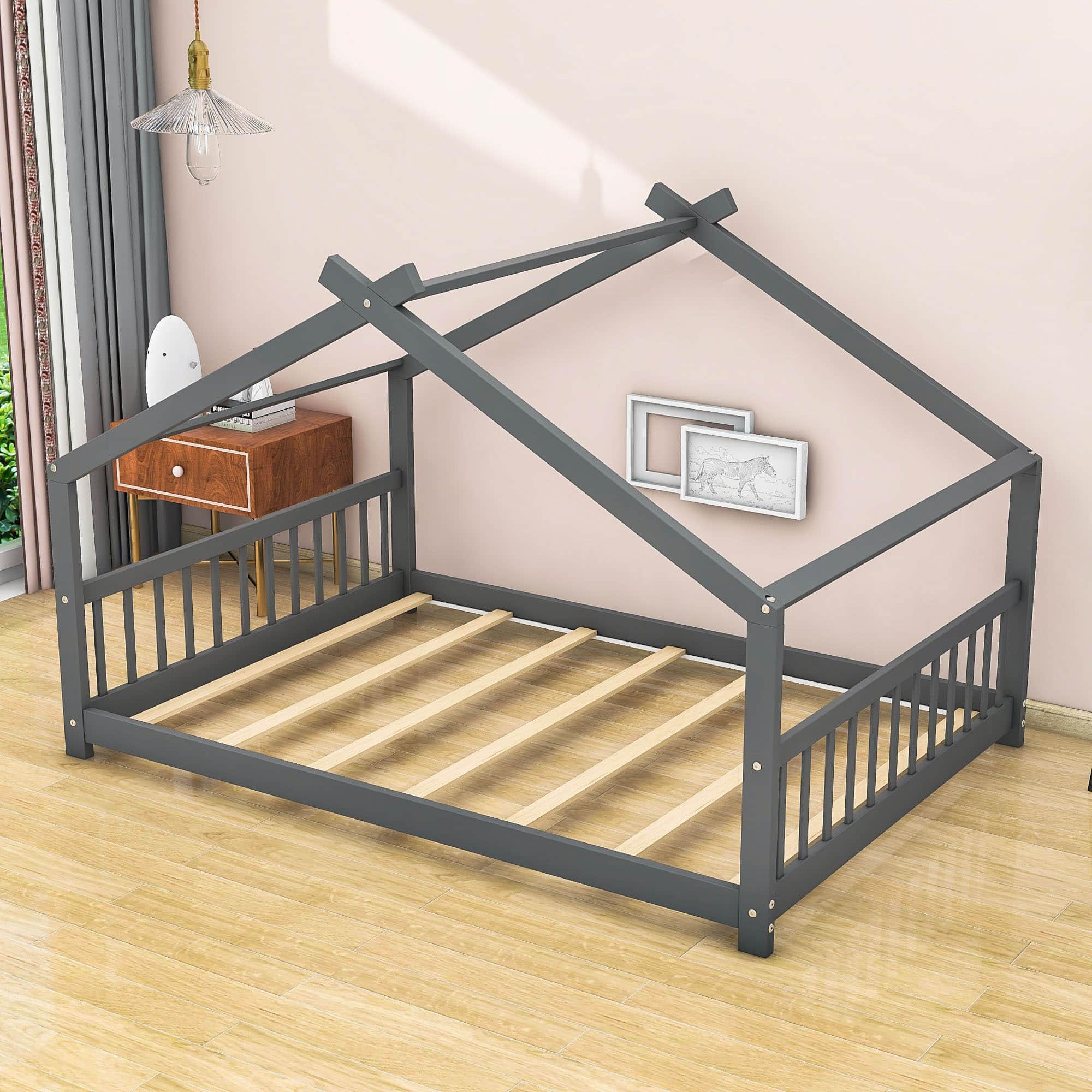 Wooden Full Size Low House Bed Frame for Toddler, Kids