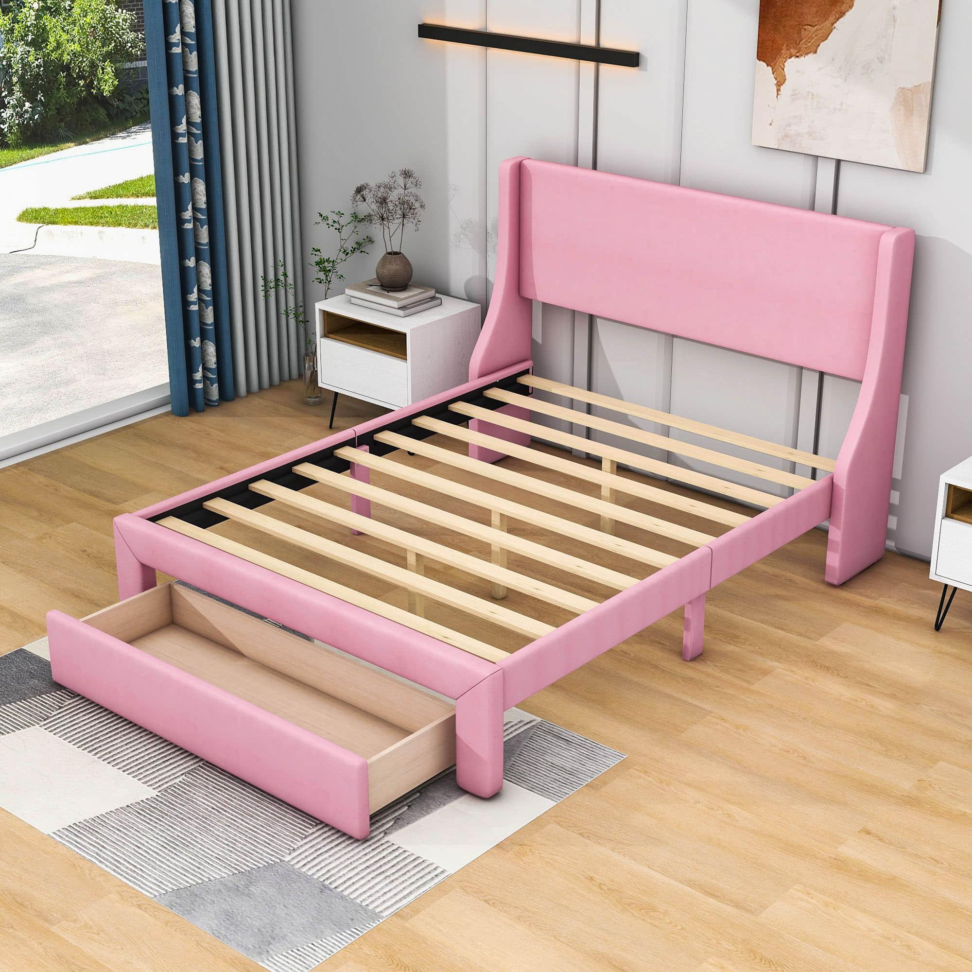 Velvet Upholstered Full Size Platform Bed with Headboard and Storage - [Drawer]