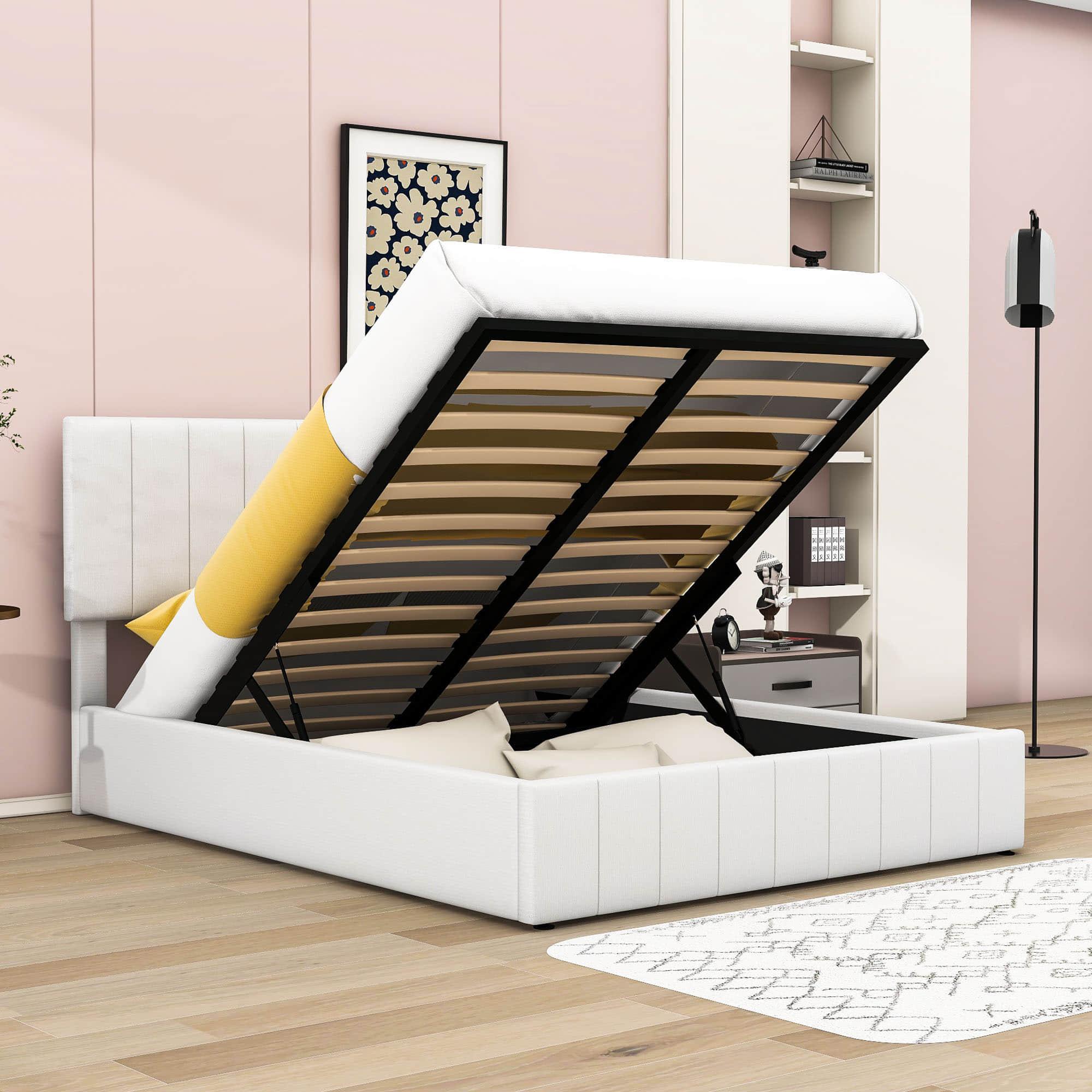 Modern Queen Upholstered Bed Frame with Storage - Hydraulic Lift System