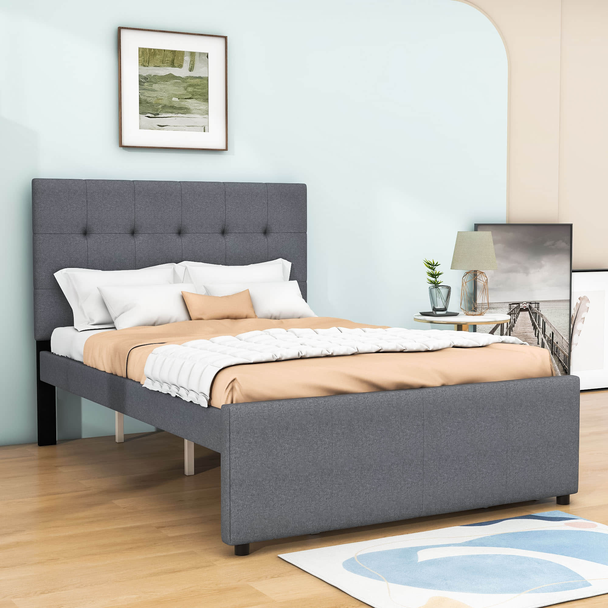 Full Size Linen Upholstered Platform Bed with Storage and Headboard - [Drawers]