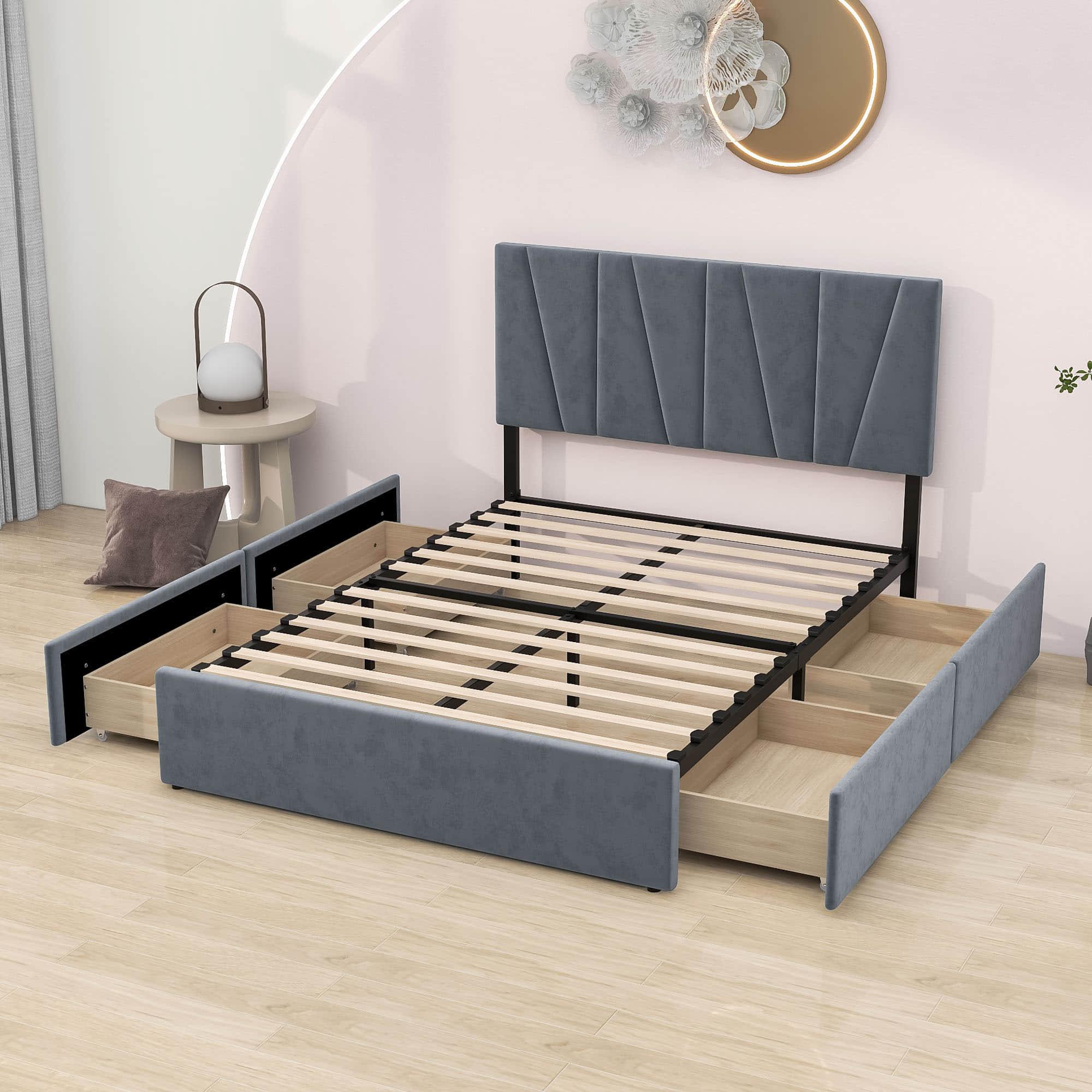 Upholstered Full Size Platform Bed with Headboard and Storage - [4 Drawers, Velvet]