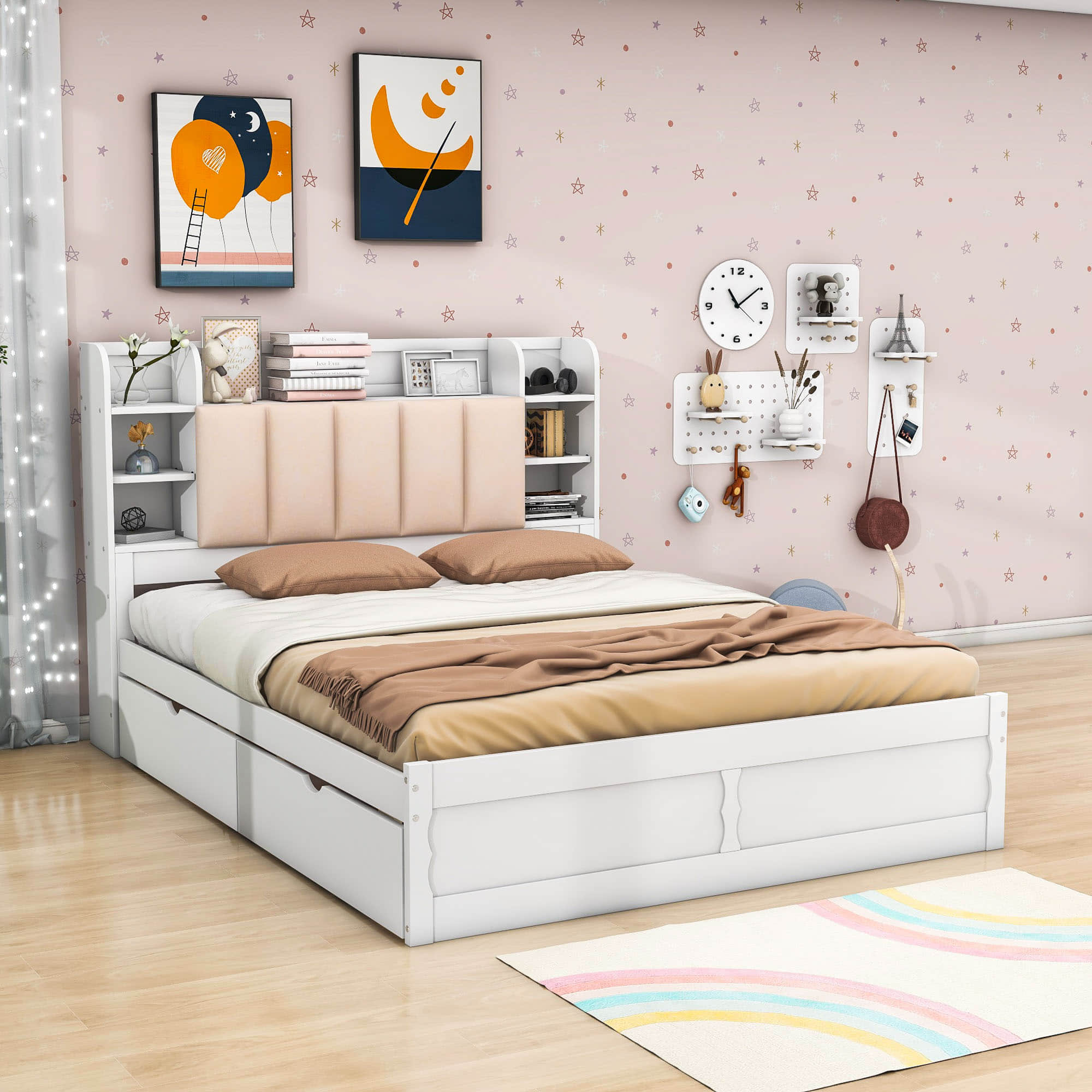 Wood Queen Platform Bed Frame with Storage Headboard and Drawers