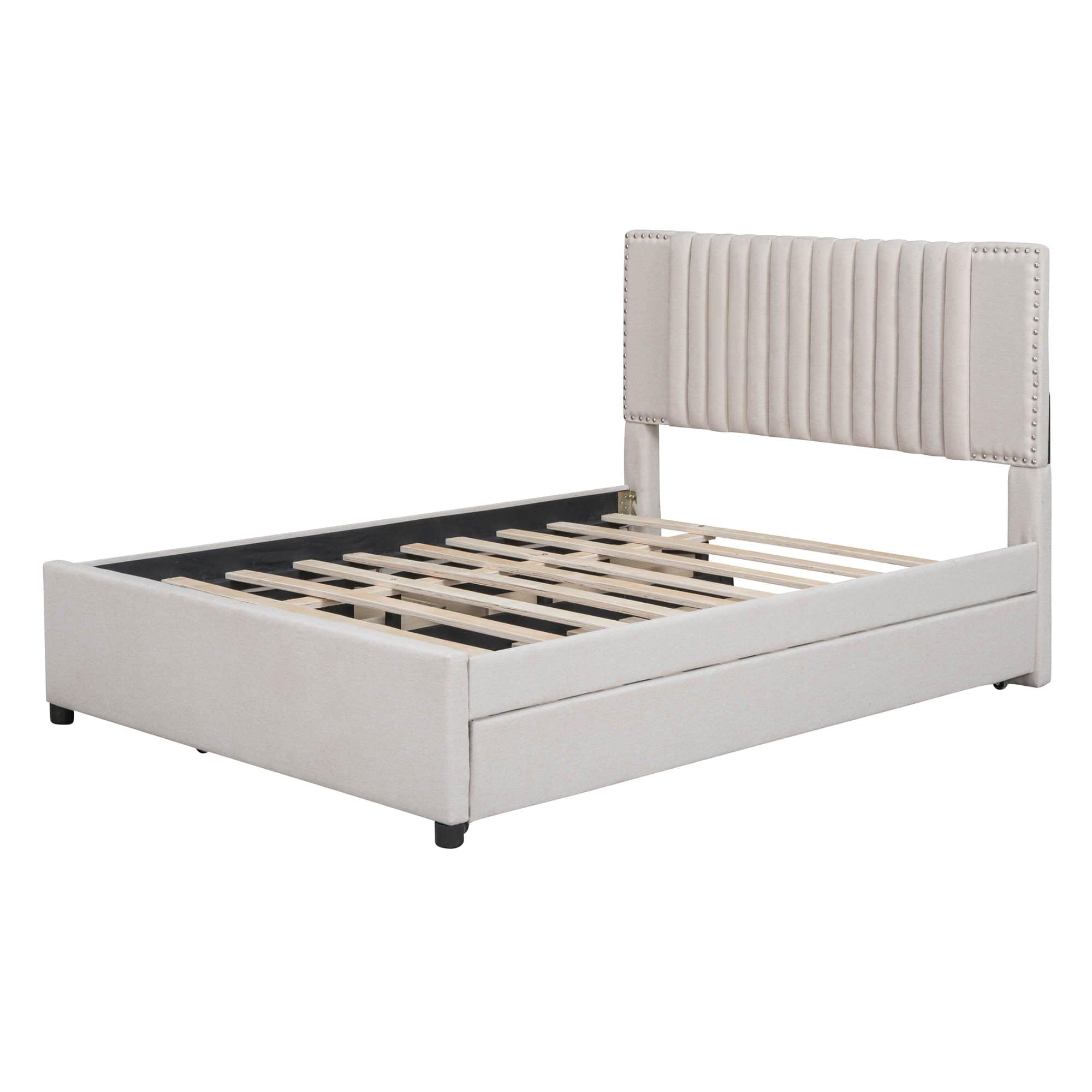 Upholstered Full Size Platform Bed Frame with Storage and Twin Trundle - [Drawers, Headboard]