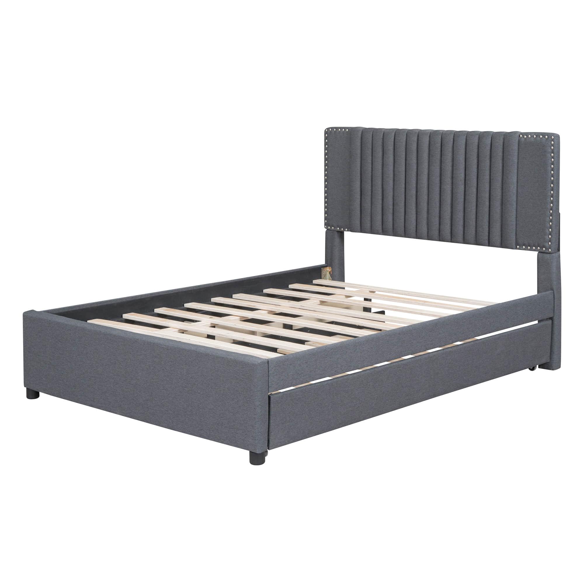 Upholstered Full Size Platform Bed Frame with Storage and Twin Trundle - [Drawers, Headboard]