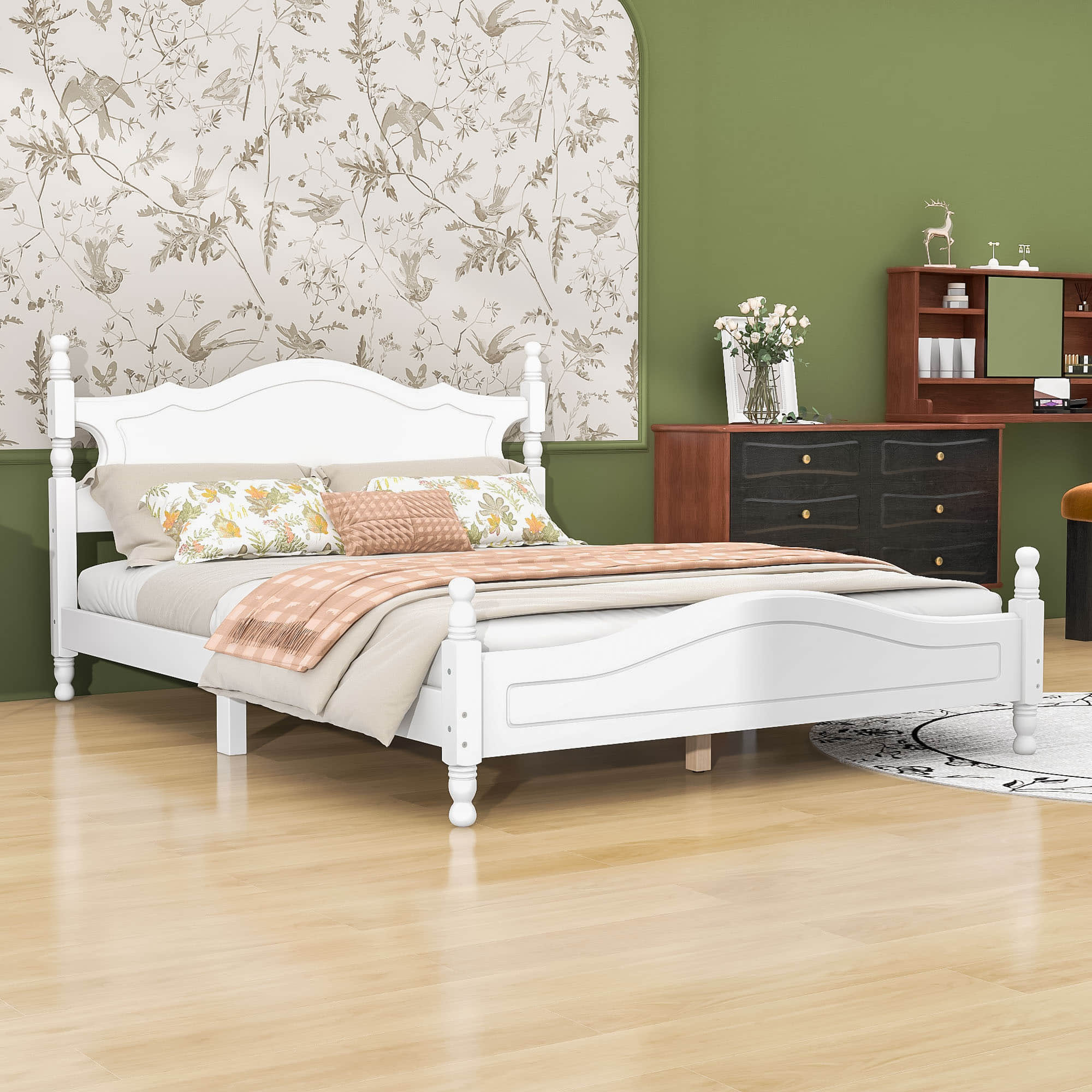 Traditional Wood Queen Size Low Profile Platform Bed Frame with Headboard