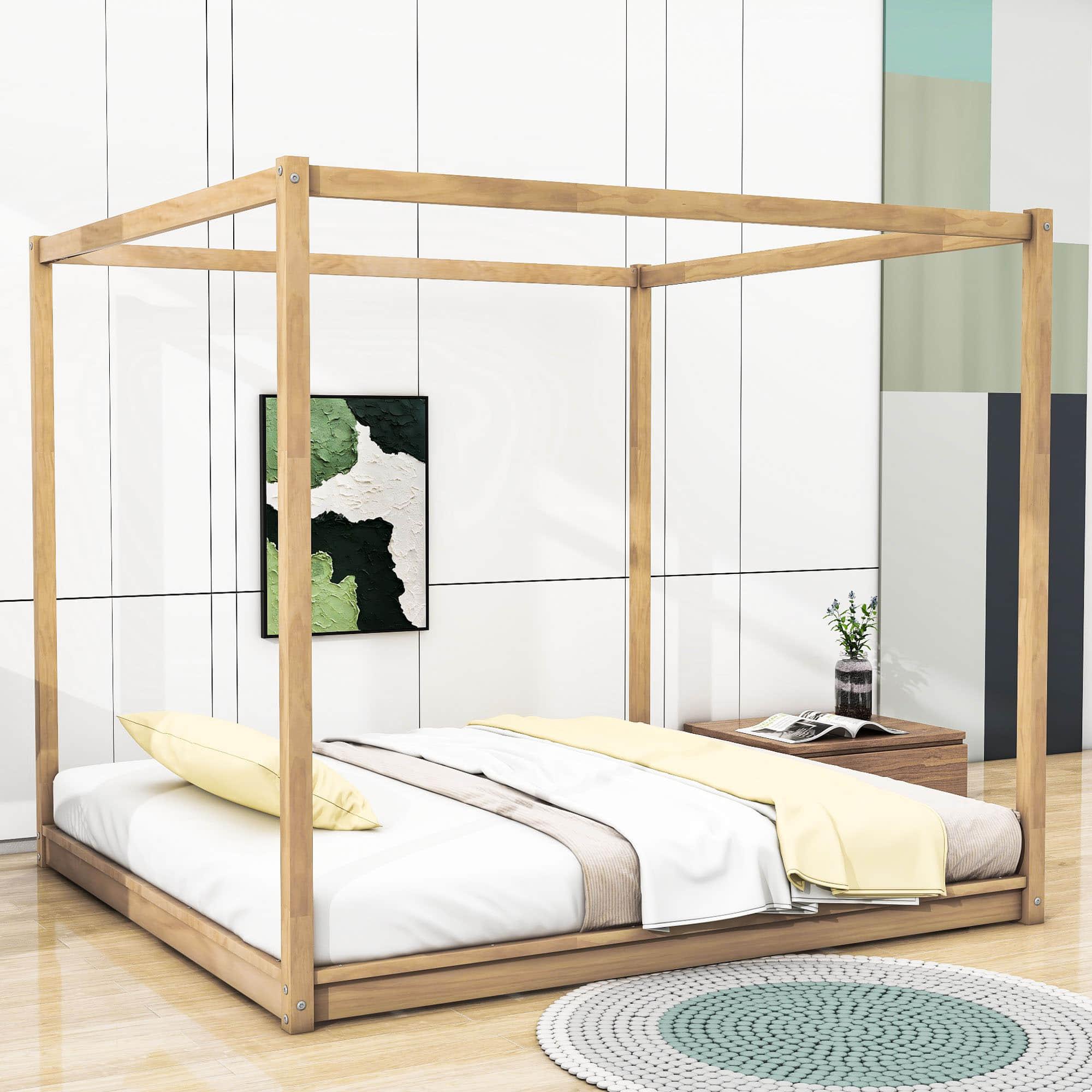 Modern Wood King Size Canopy Floor Bed Frame for Adults