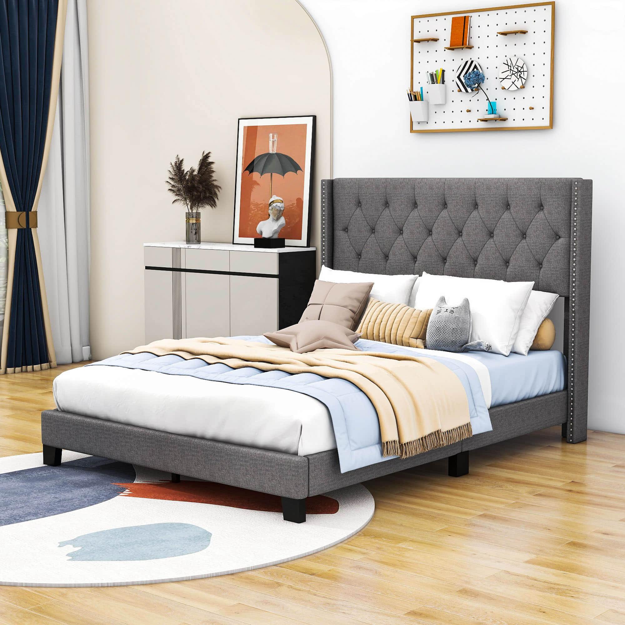 Queen Size Linen Upholstered Bed Frame with Tufted Headboard