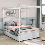 Full Size Wood Canopy Bed Frame with Twin Trundle Bed and Storage