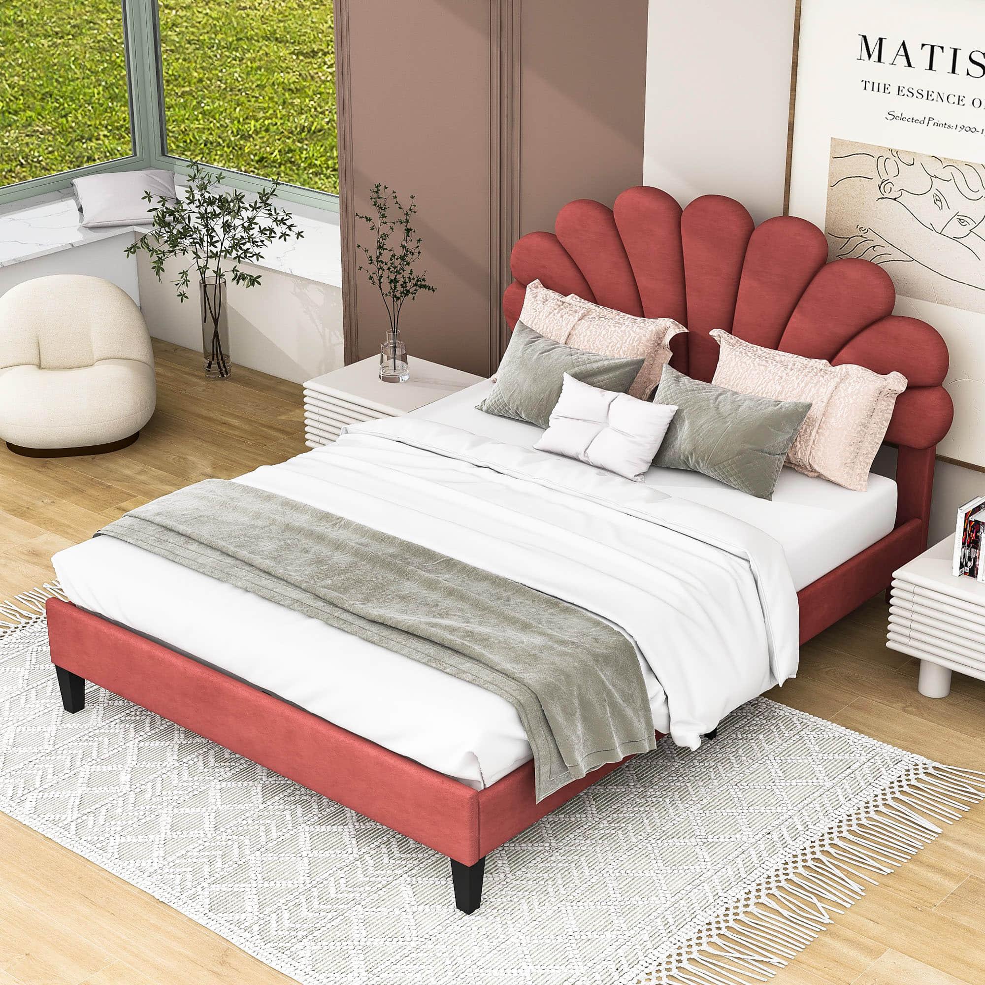 Modern Queen Size Velvet Upholstered Platform Bed Frame with Headboard