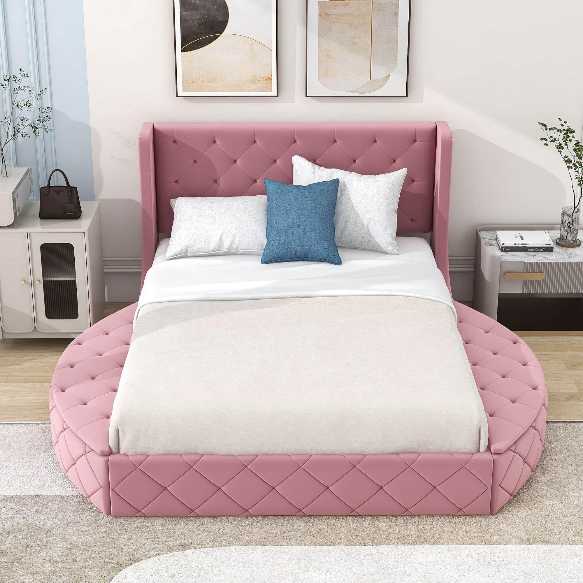 Upholstered Queen Platform Bed Frame with Wingback Headboard and Storage