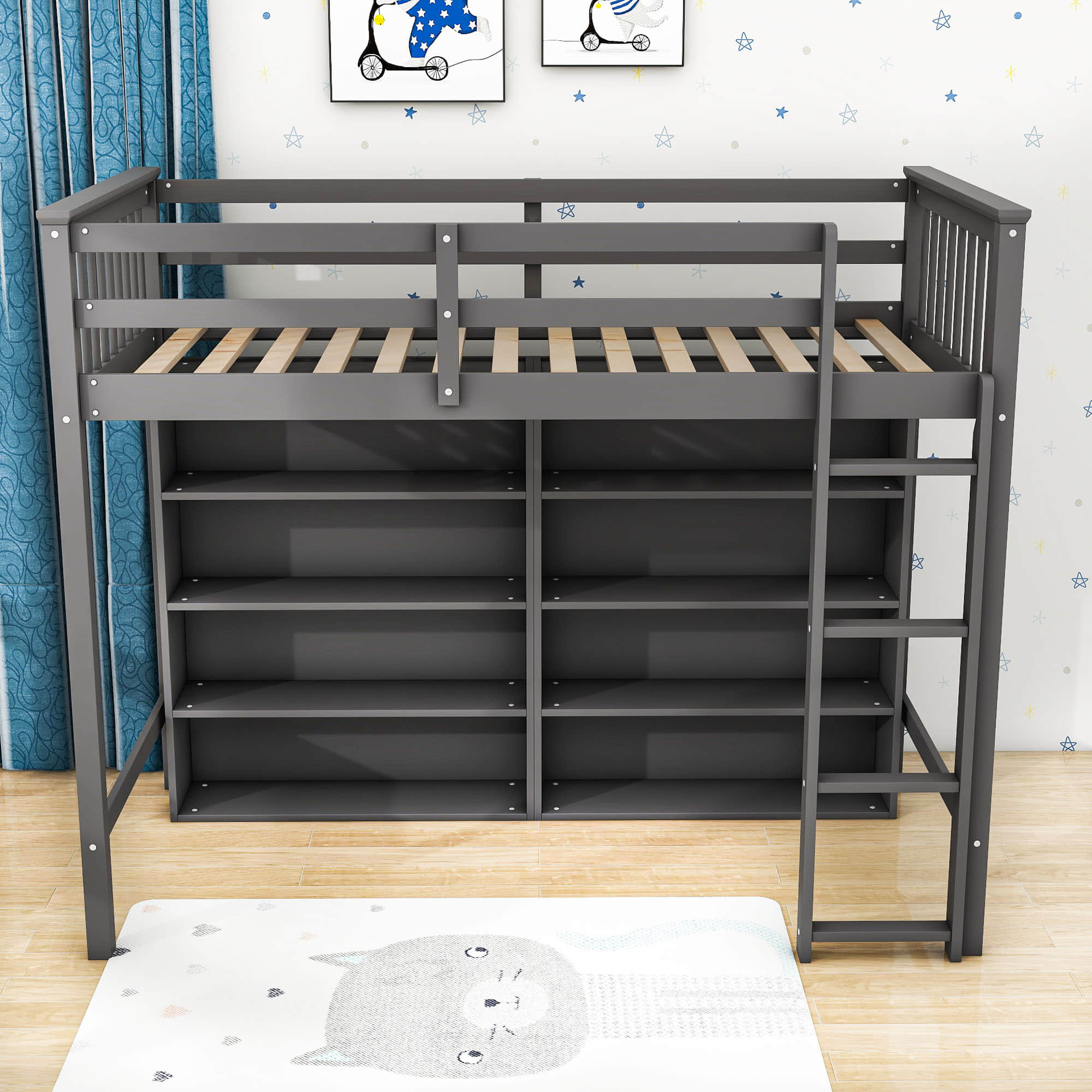 Wood Twin Loft Bed with Large Open Storage Shelves for Adults, Kids