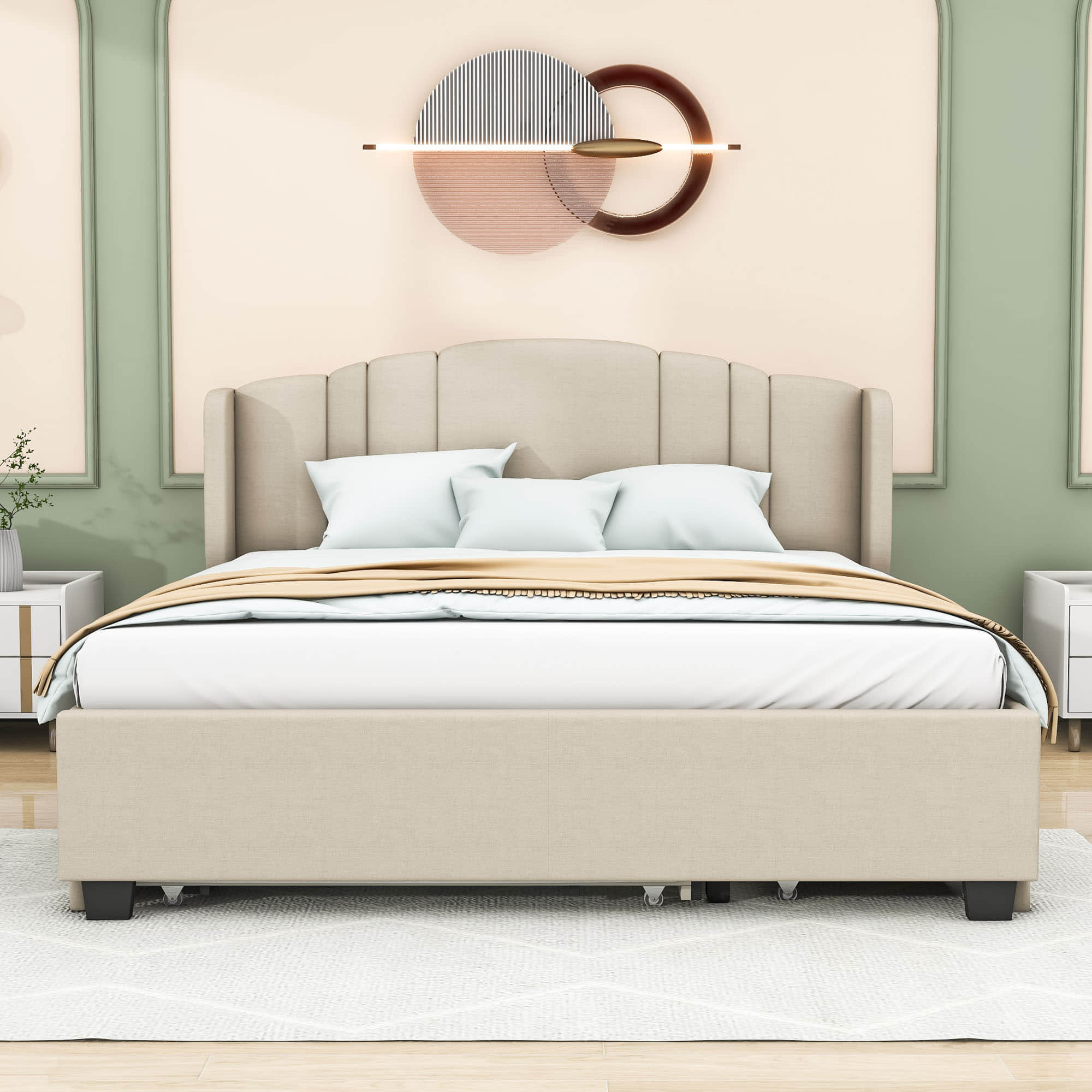 Modern Upholstered Queen Platform Bed Frame with Headboard and Storage