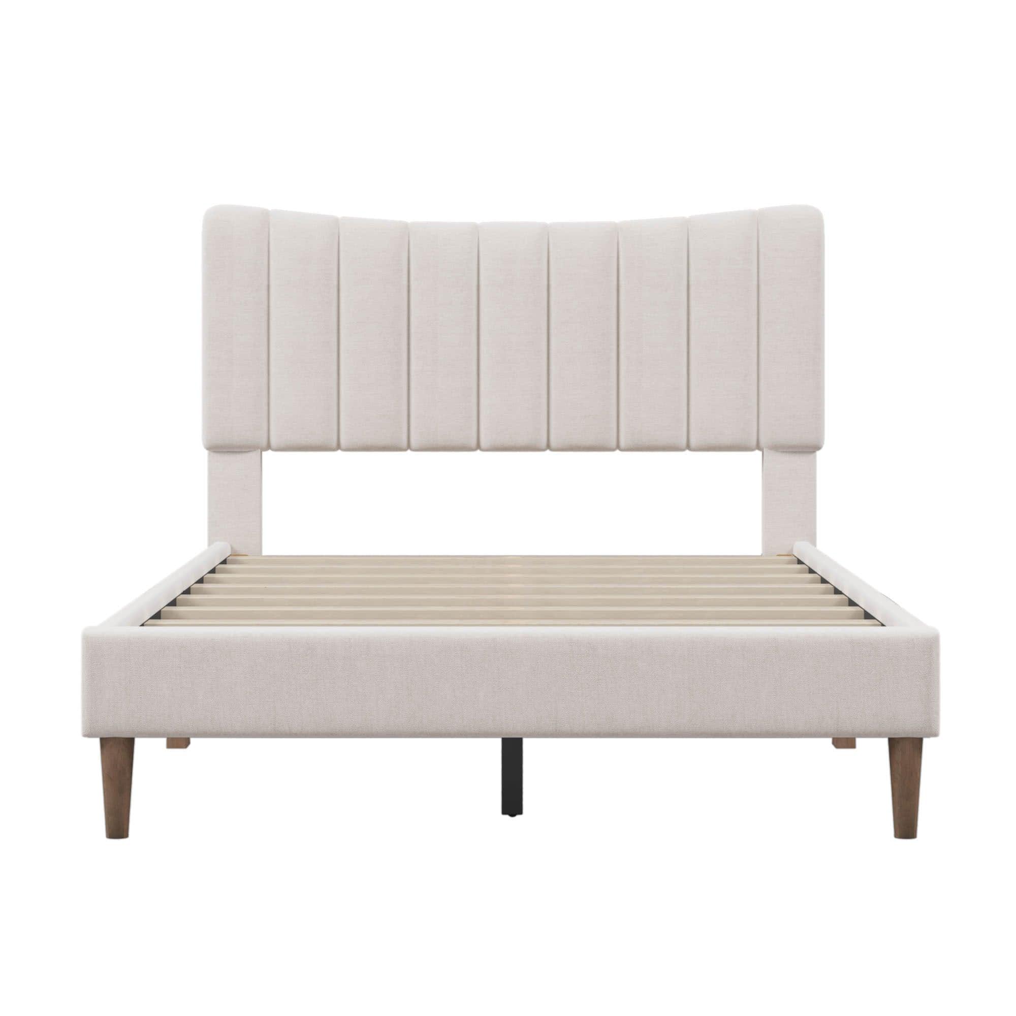 Full Size Linen Upholstered Platform Low Bed Frame with Headboard