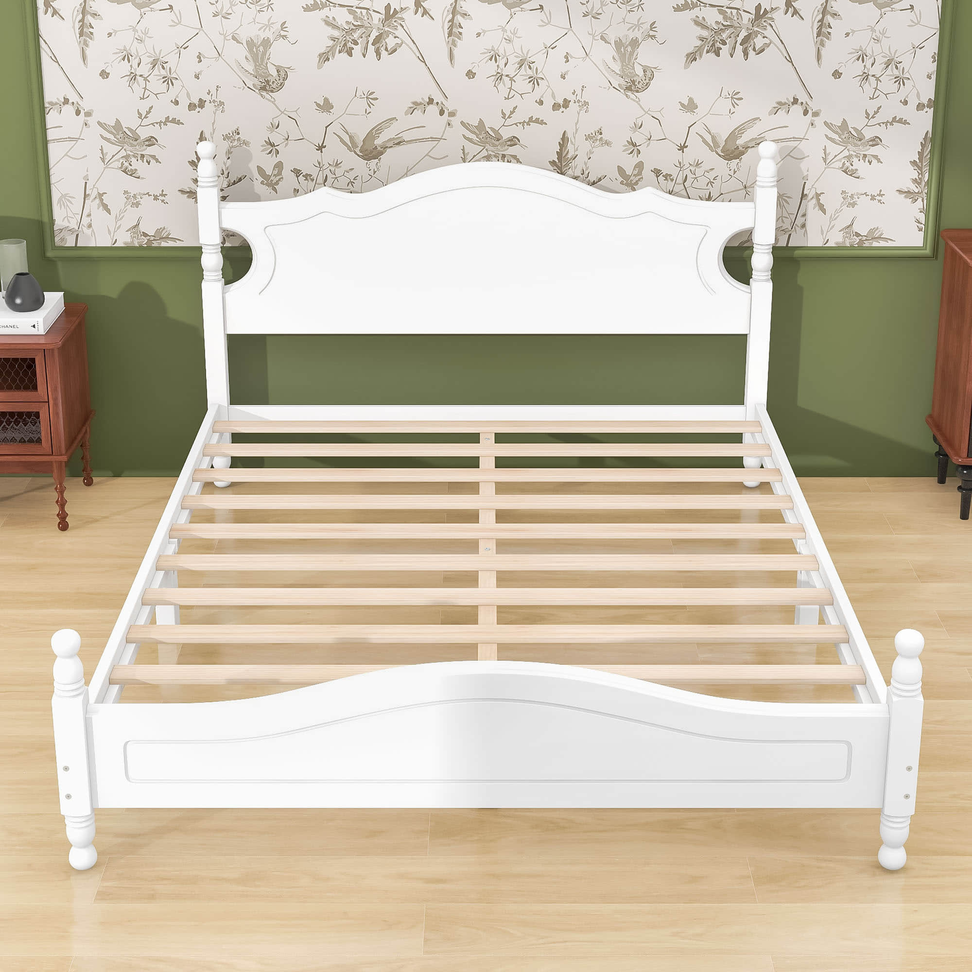 Traditional Wood Queen Size Low Profile Platform Bed Frame with Headboard