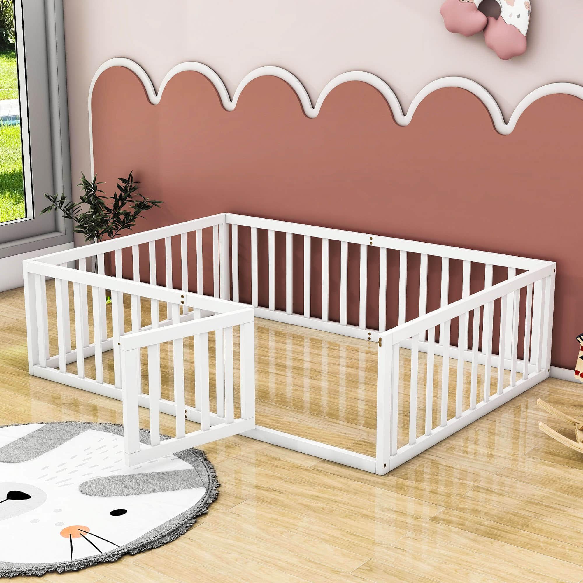 Wooden Full Size Floor Toddler Bed with Rails