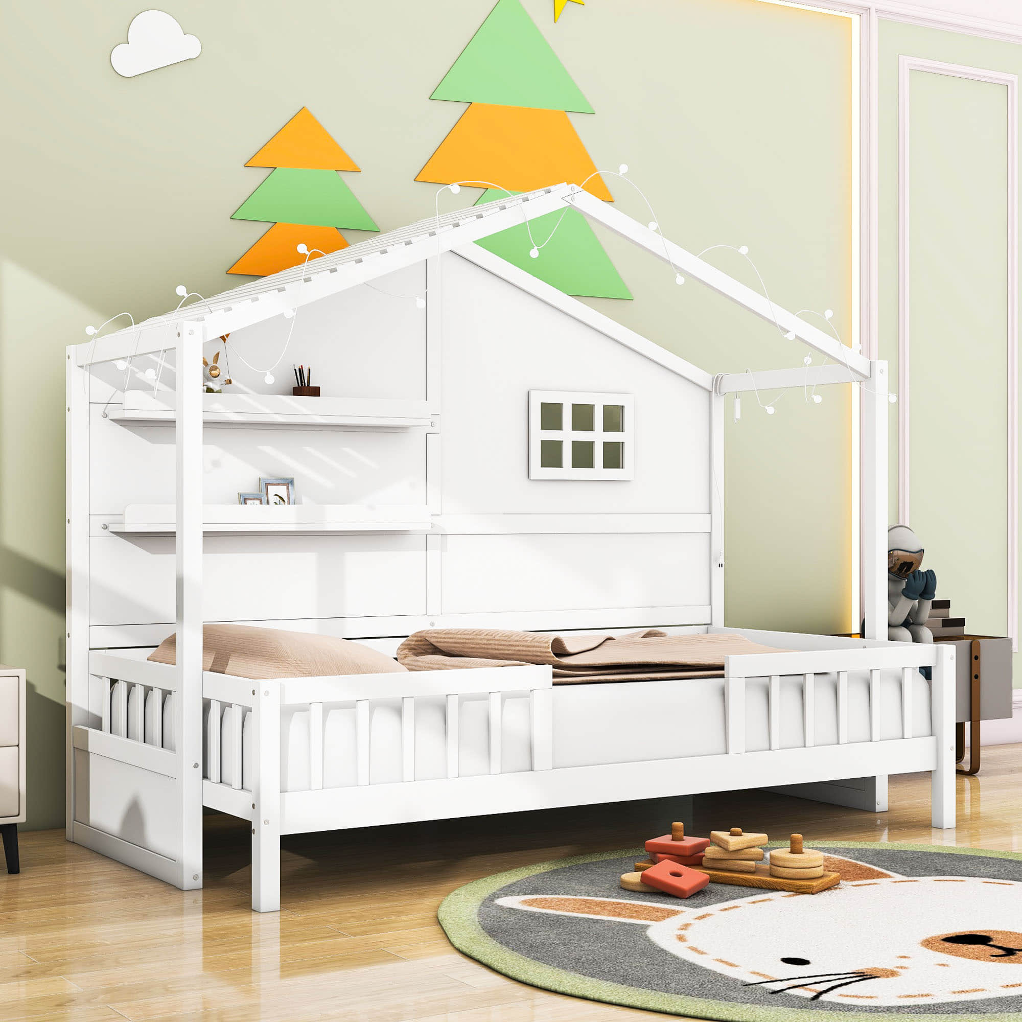 Low Profile Twin House Bed Frame for Kids with Rails and Light Strip