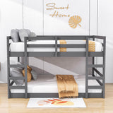 Modern Low Full Over Full Bunk Beds for Kids Toddler with 2 Ladders - Wooden